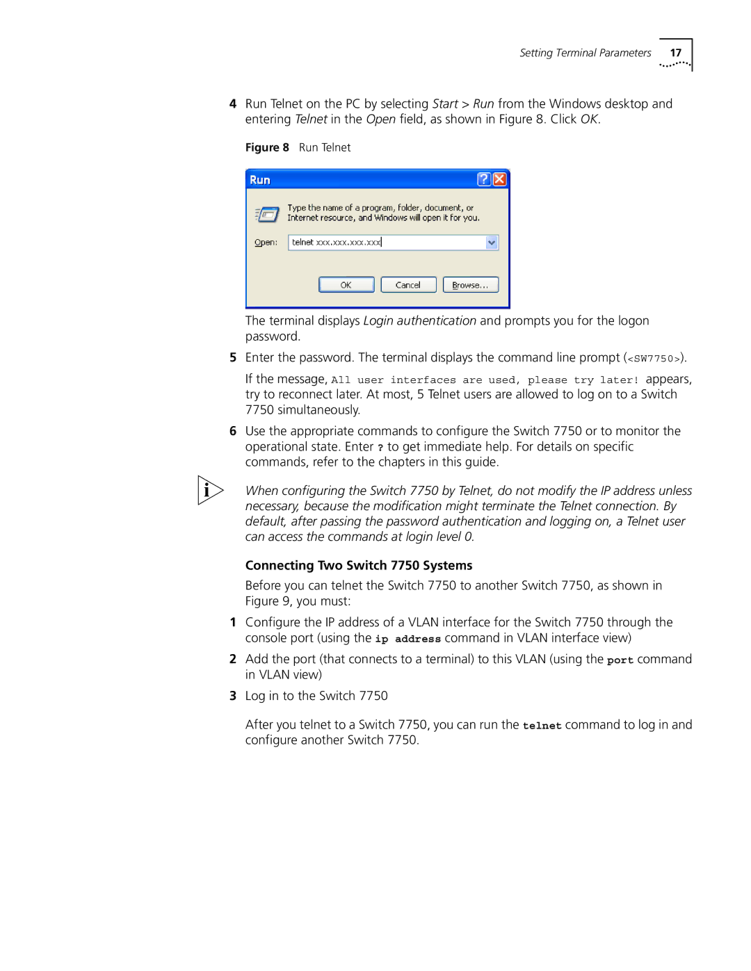 3Com 10014298 manual Connecting Two Switch 7750 Systems, Run Telnet 