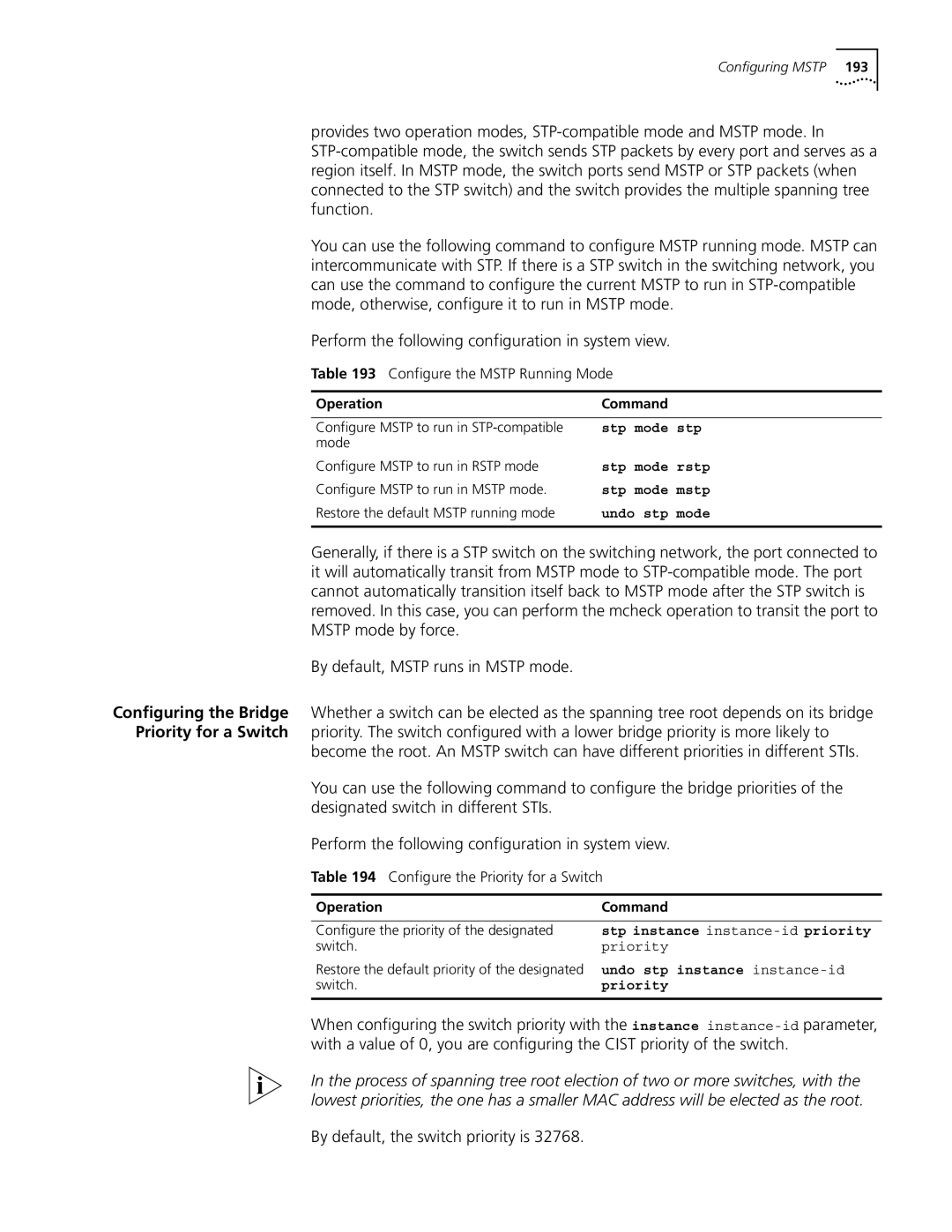 3Com 10014298 By default, the switch priority is, Configure the Mstp Running Mode, Configure the Priority for a Switch 