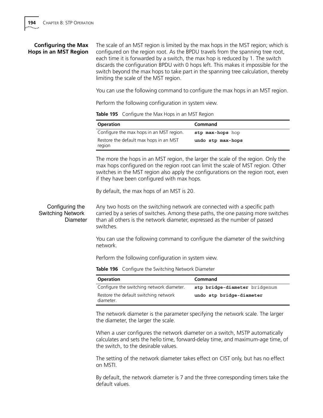 3Com 10014298 manual Configure the Max Hops in an MST Region, Configure the Switching Network Diameter 