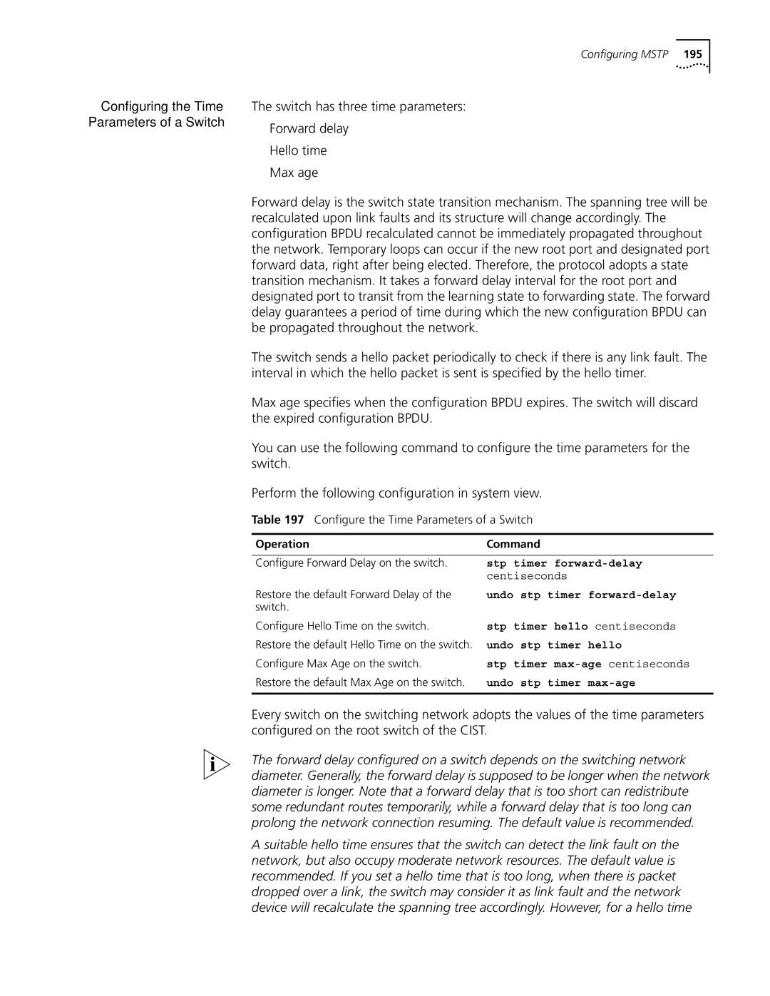 3Com 10014298 manual Configure the Time Parameters of a Switch 