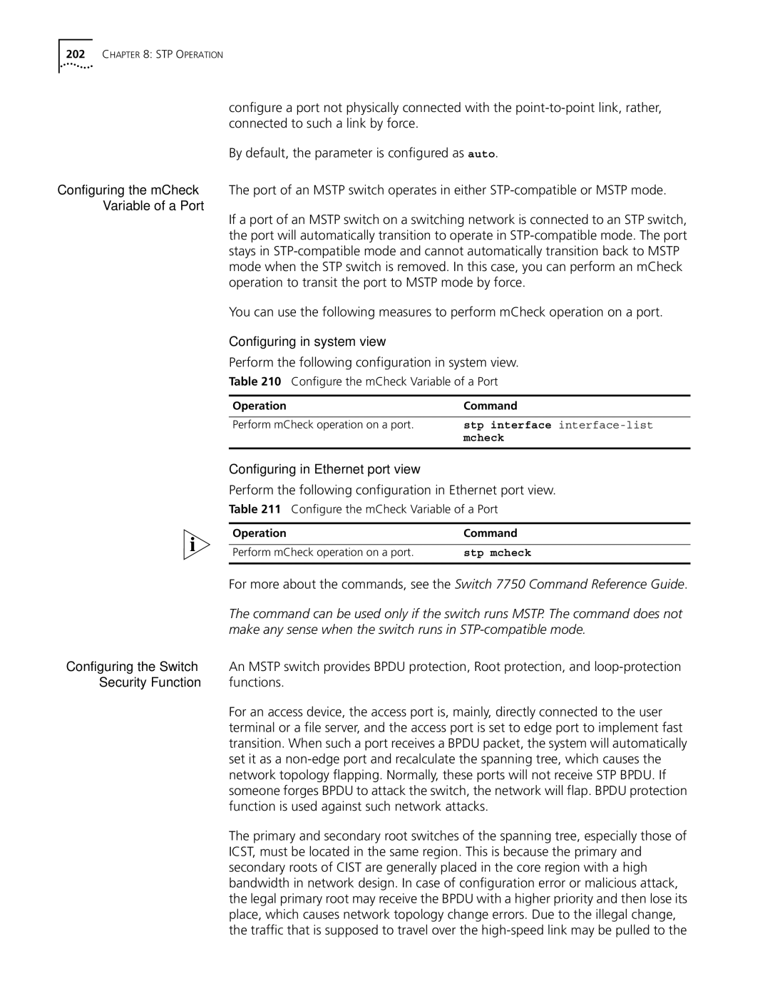 3Com 10014298 manual Security Function, Configure the mCheck Variable of a Port, Mcheck, Stp mcheck 