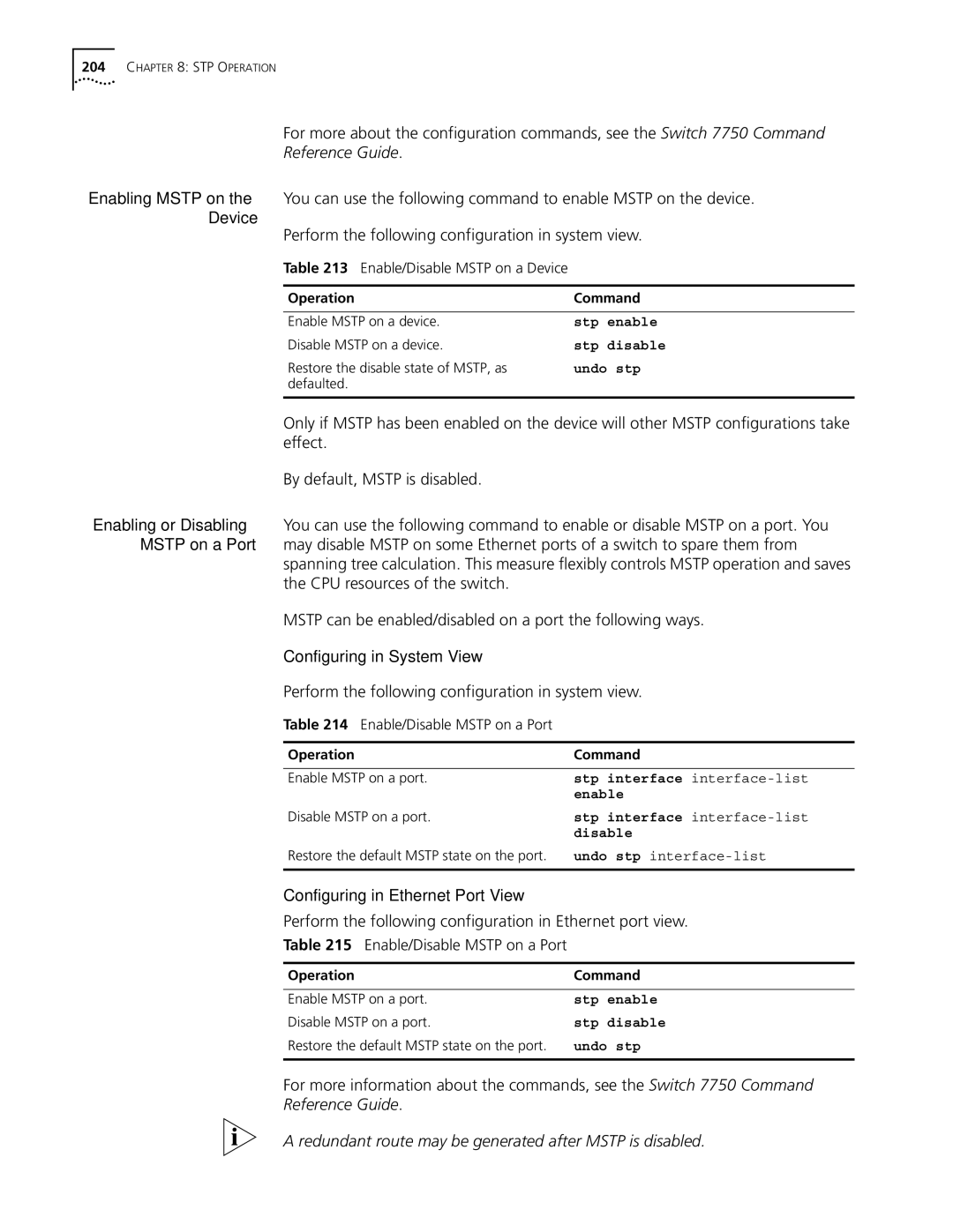 3Com 10014298 manual Enable/Disable Mstp on a Device, Enable/Disable Mstp on a Port 