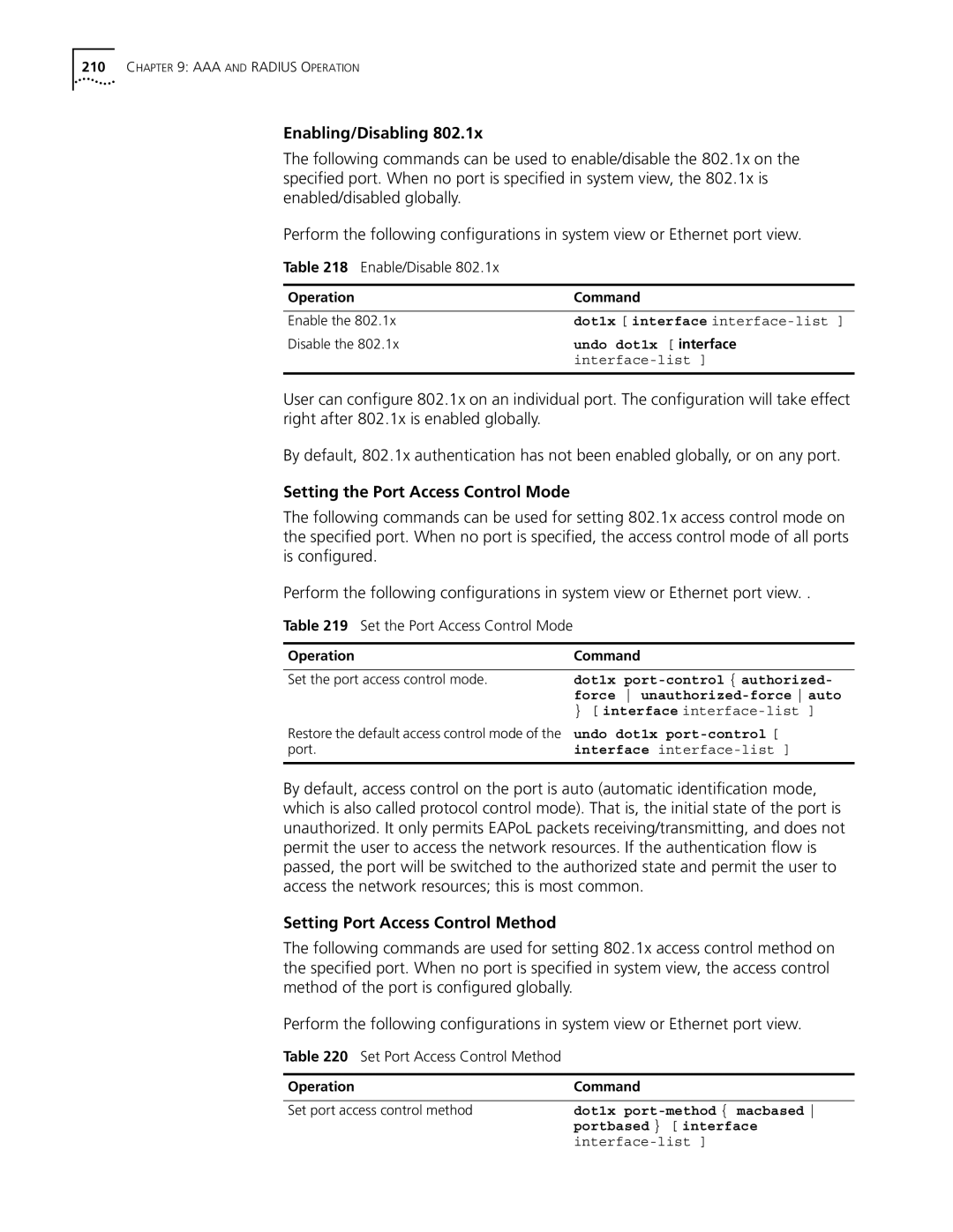 3Com 10014298 manual Enabling/Disabling, Setting the Port Access Control Mode, Setting Port Access Control Method 