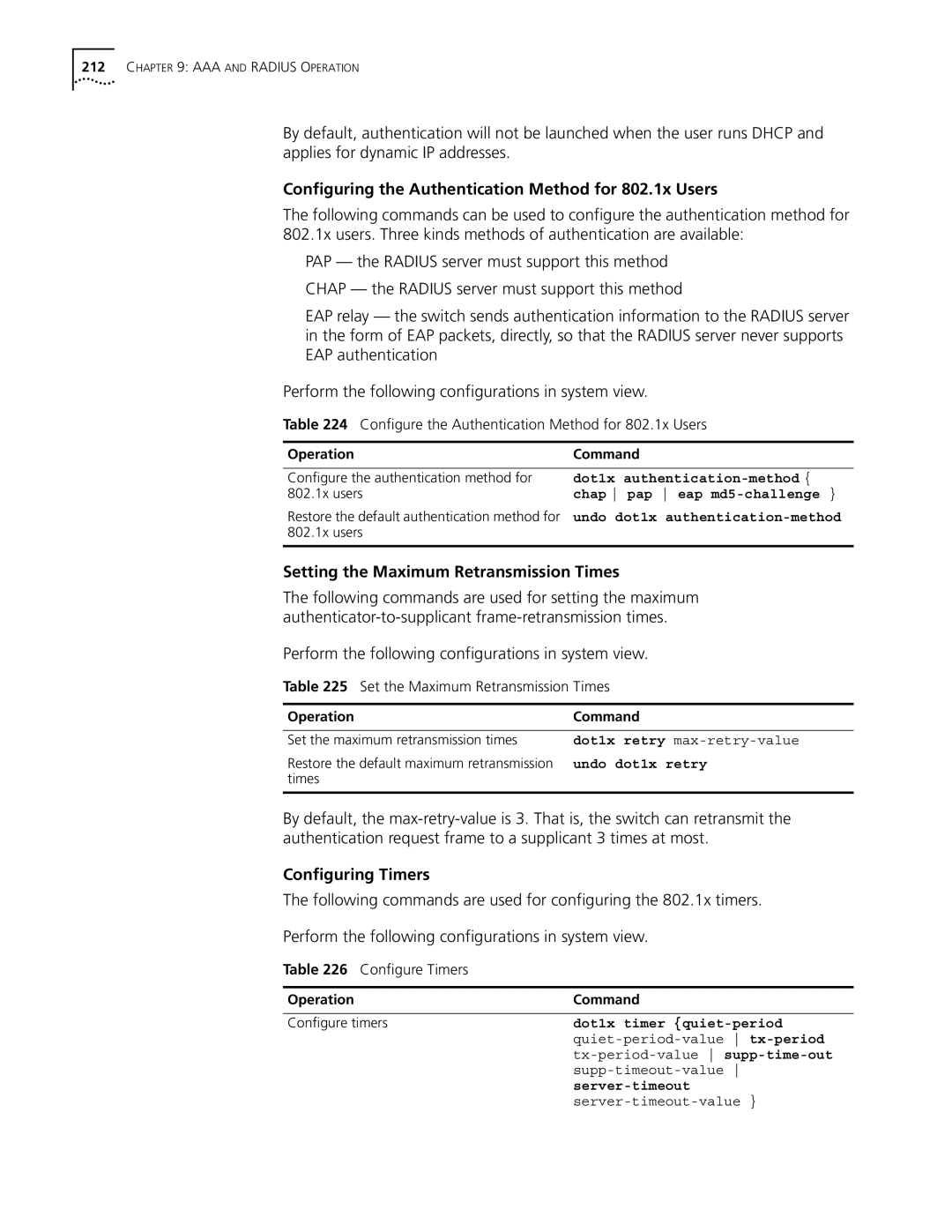 3Com 10014298 manual Configuring the Authentication Method for 802.1x Users, Setting the Maximum Retransmission Times 