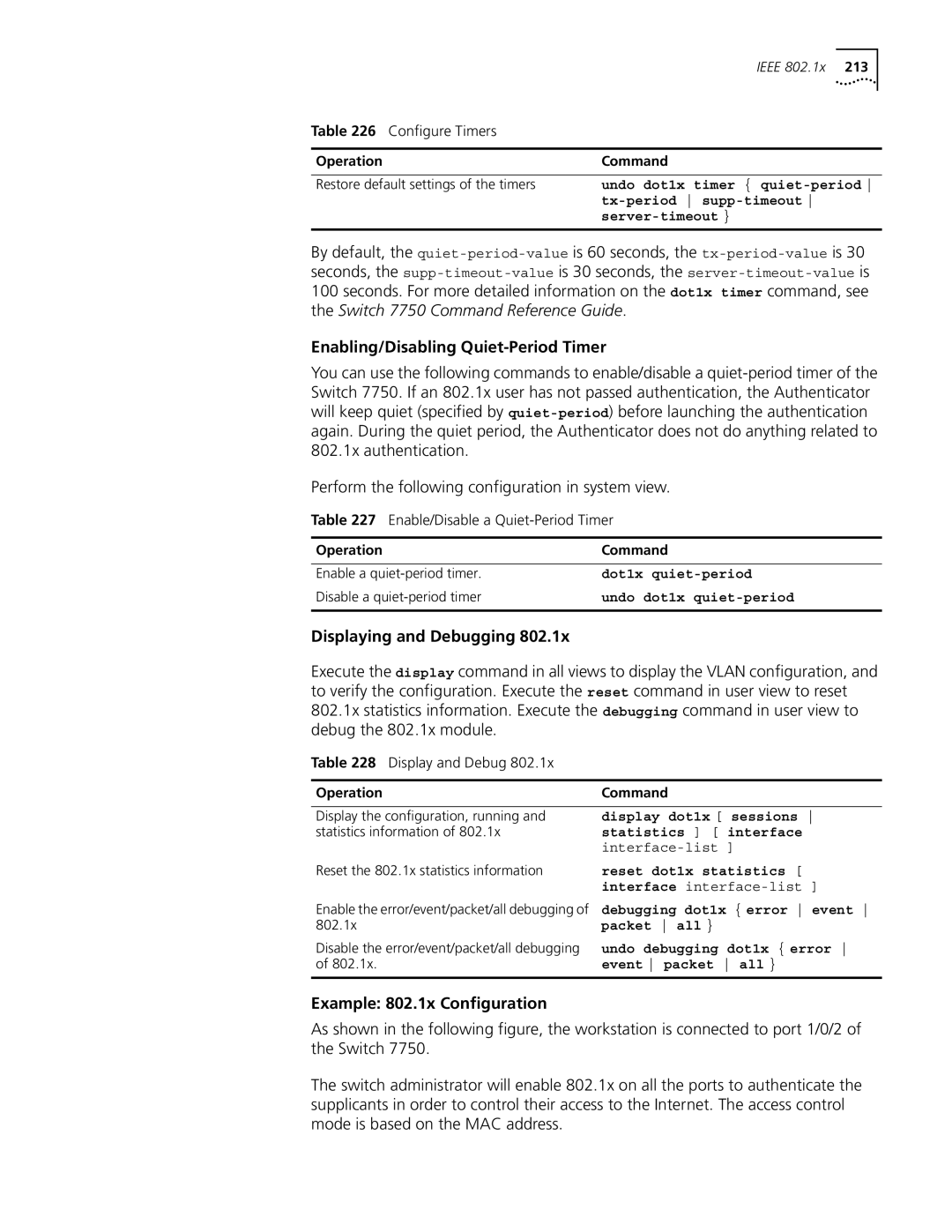 3Com 10014298 manual Enabling/Disabling Quiet-Period Timer, Displaying and Debugging, Example 802.1x Configuration 