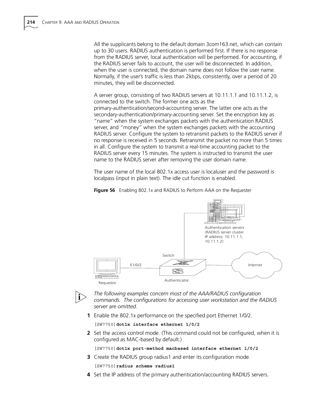 3Com 10014298 manual SW7750dot1x interface ethernet 1/0/2, SW7750dot1x port-method macbased interface ethernet 1/0/2 