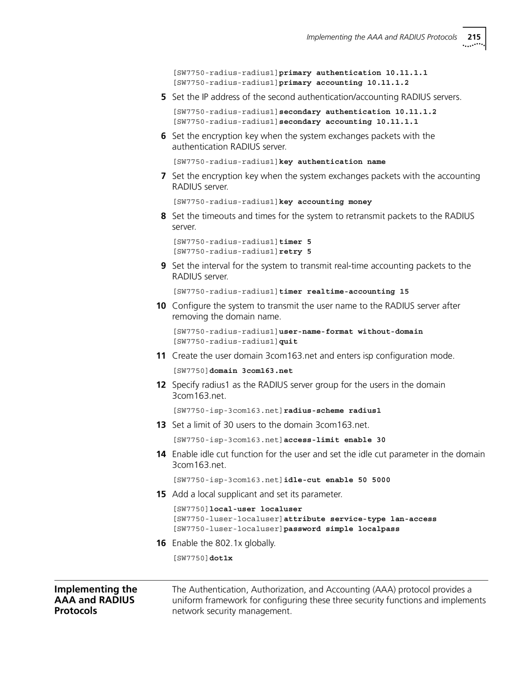 3Com 10014298 manual Implementing, AAA and Radius, Protocols, Network security management 