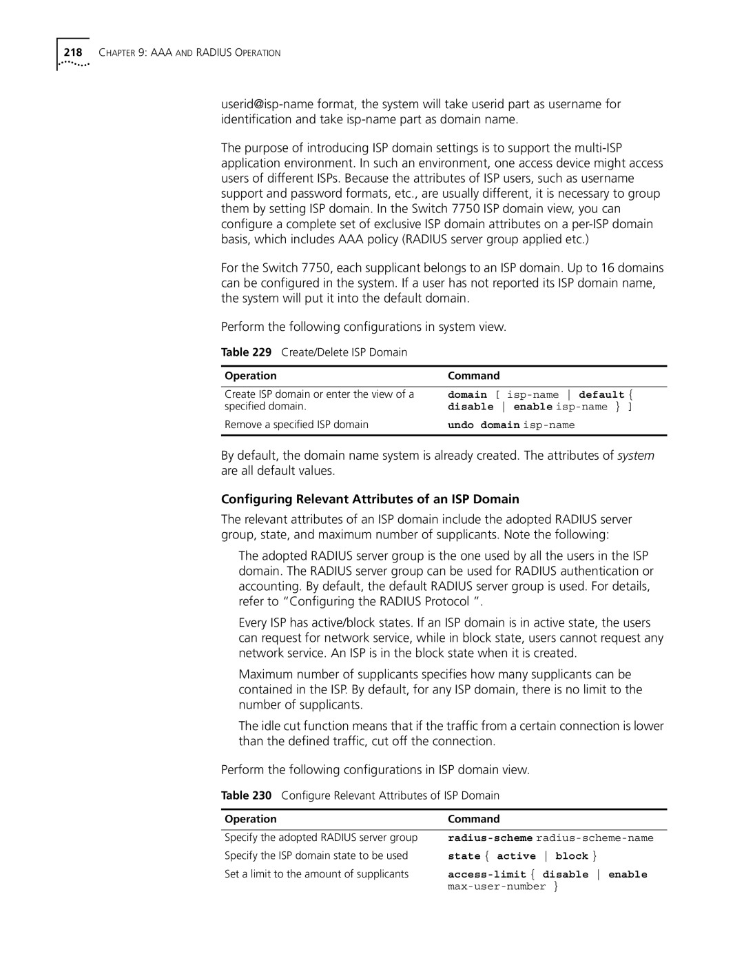 3Com 10014298 manual Configuring Relevant Attributes of an ISP Domain, Create/Delete ISP Domain 