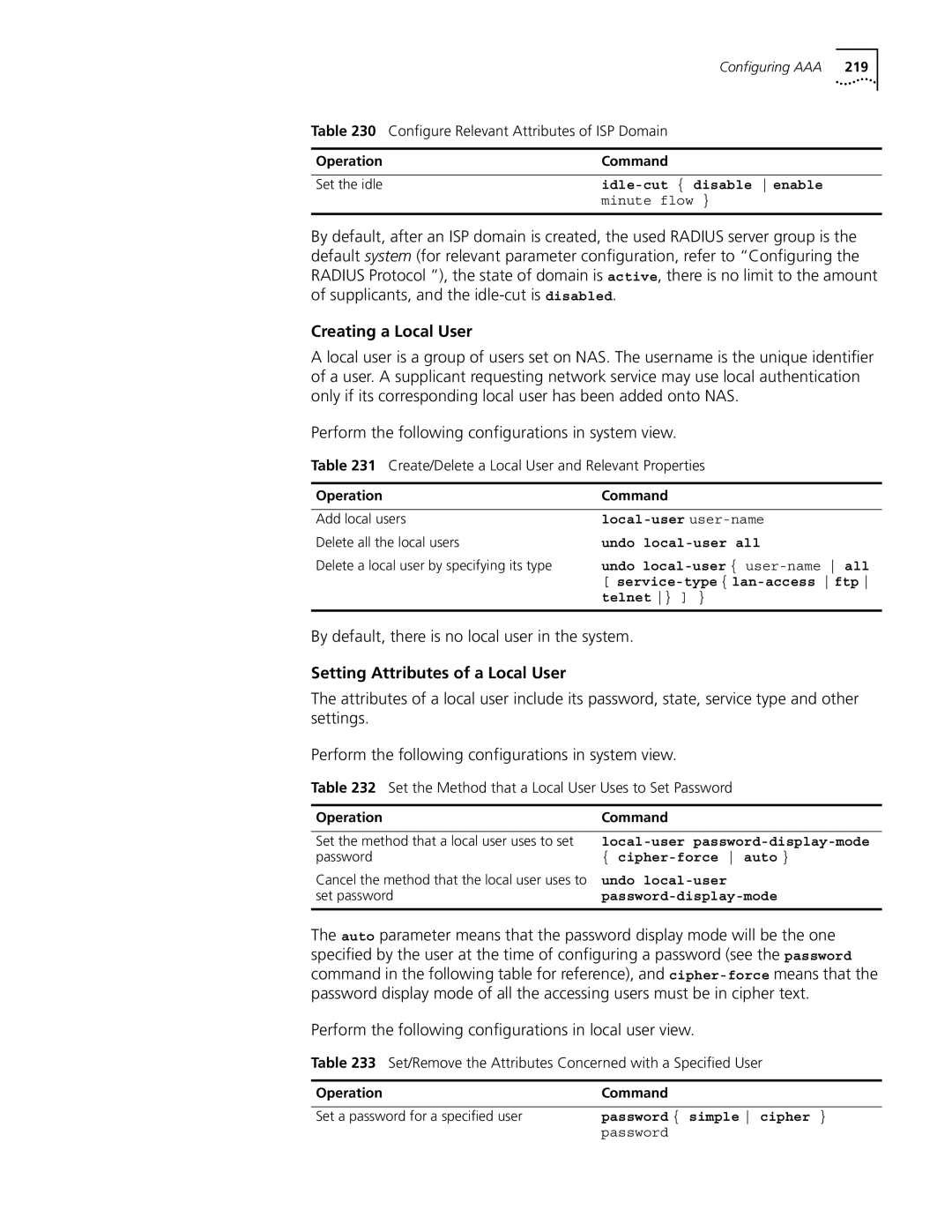 3Com 10014298 Creating a Local User, By default, there is no local user in the system, Setting Attributes of a Local User 