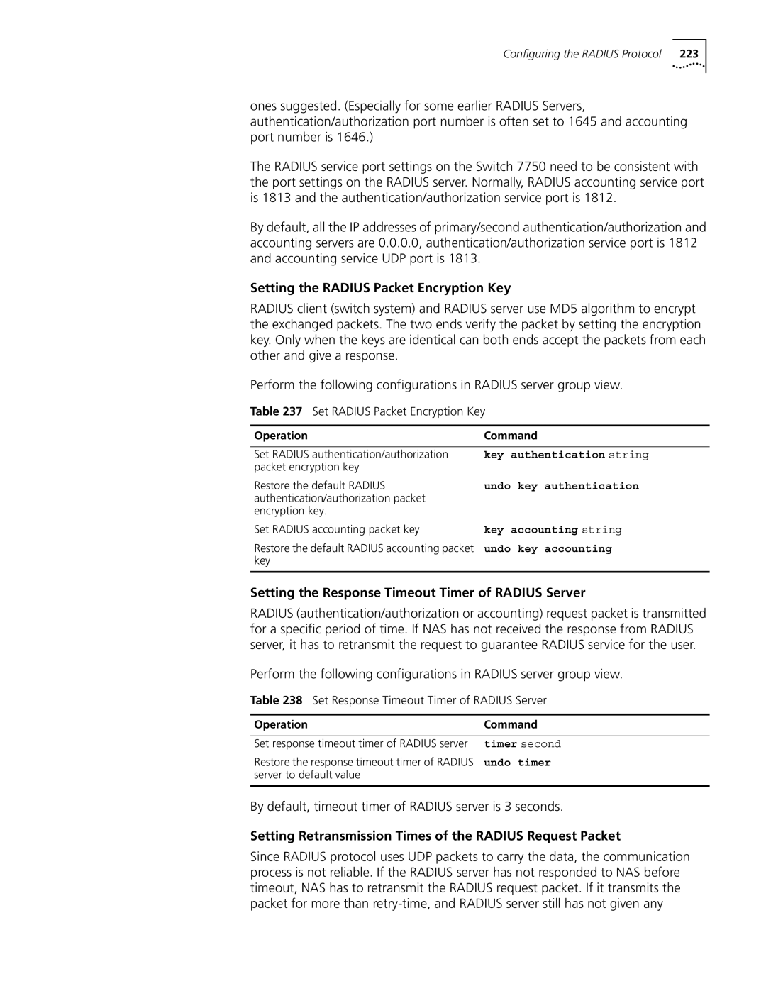 3Com 10014298 manual Setting the Radius Packet Encryption Key, Setting the Response Timeout Timer of Radius Server 