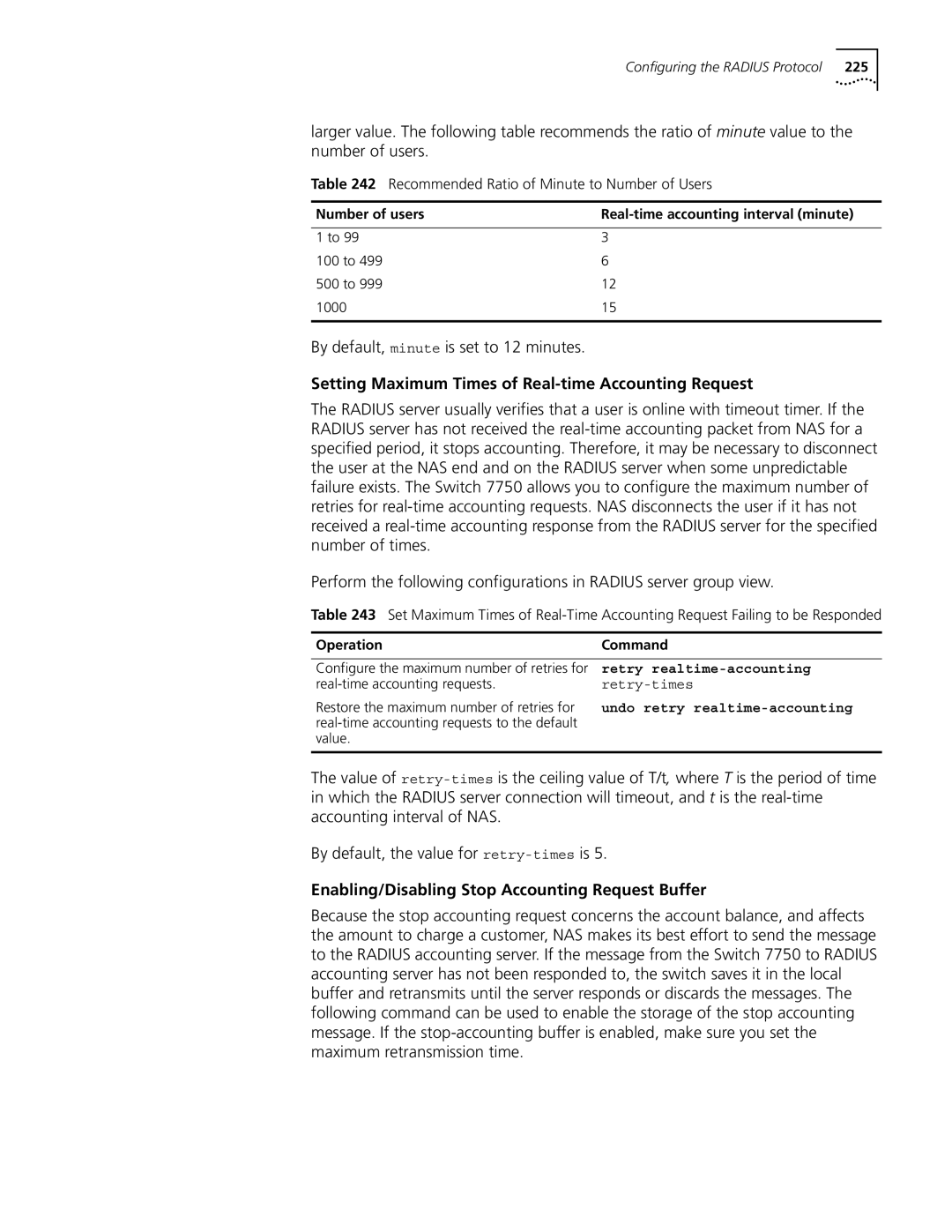 3Com 10014298 manual By default, minute is set to 12 minutes, Setting Maximum Times of Real-time Accounting Request 