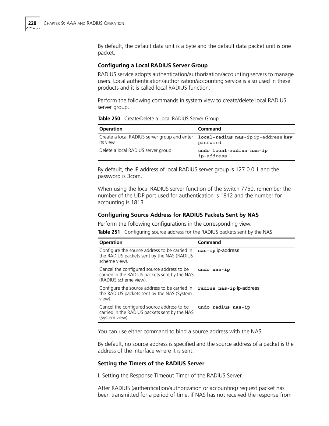 3Com 10014298 manual Configuring a Local Radius Server Group, Configuring Source Address for Radius Packets Sent by NAS 