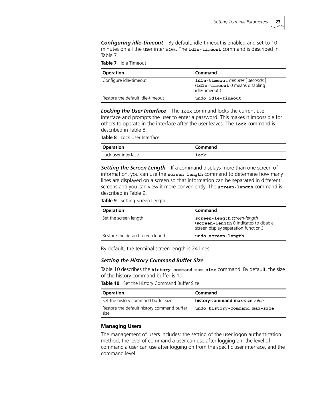 3Com 10014298 manual By default, the terminal screen length is 24 lines, Managing Users 