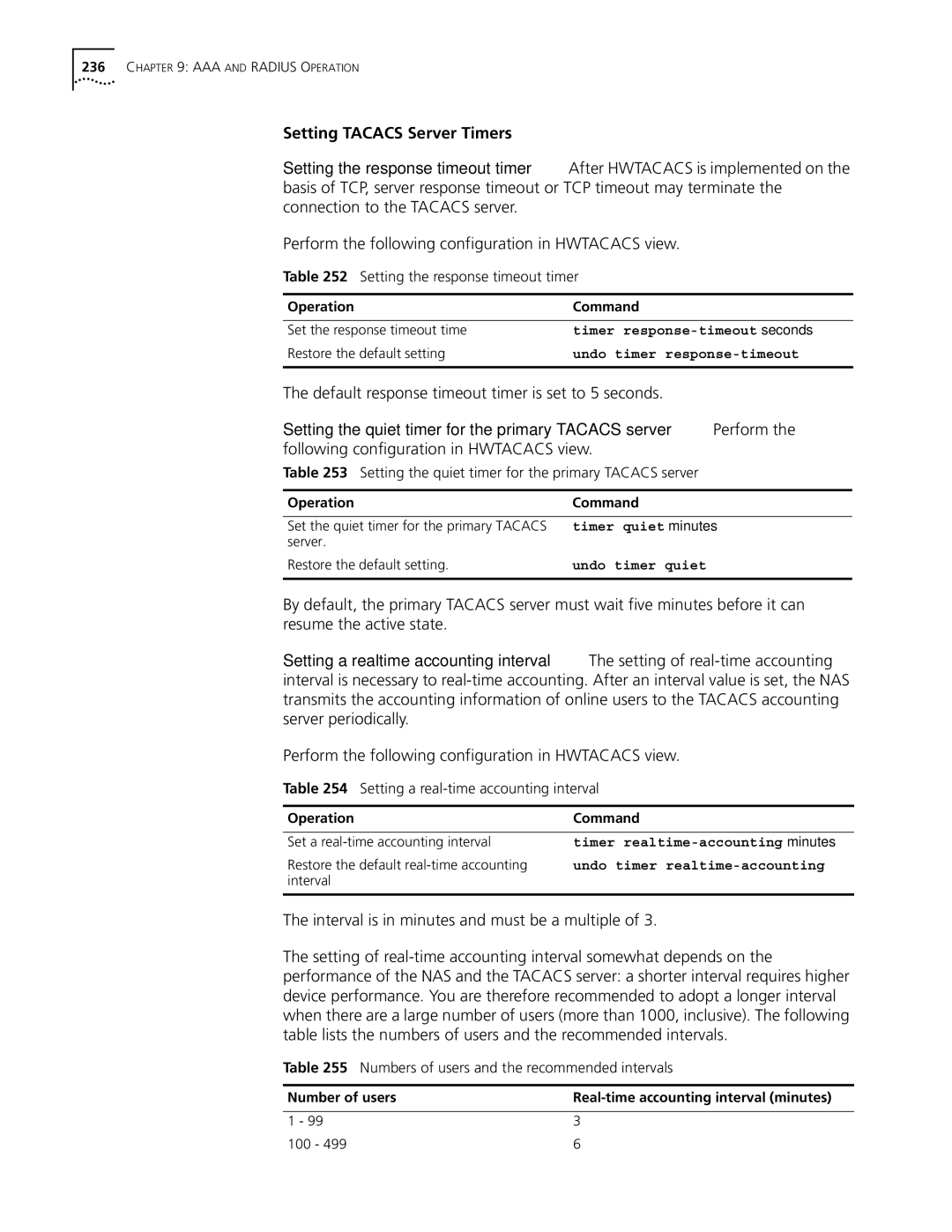 3Com 10014298 manual Setting Tacacs Server Timers, Default response timeout timer is set to 5 seconds 