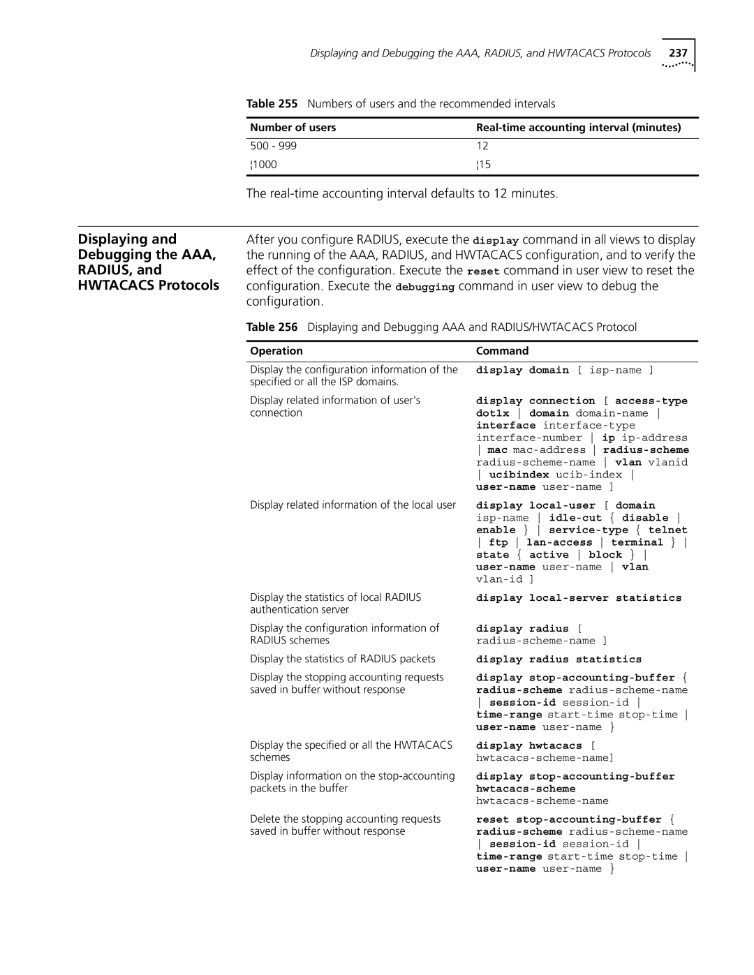 3Com 10014298 manual Displaying, Debugging the AAA, Radius, Hwtacacs Protocols 