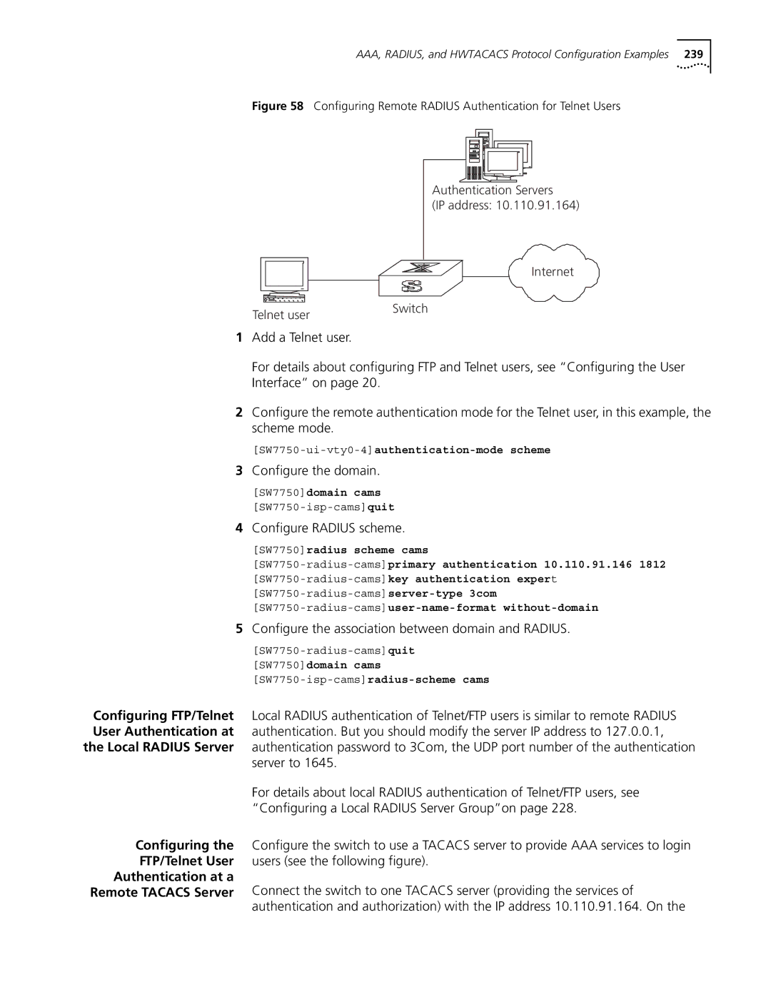 3Com 10014298 manual Configure the domain, Configure Radius scheme, Configure the association between domain and Radius 