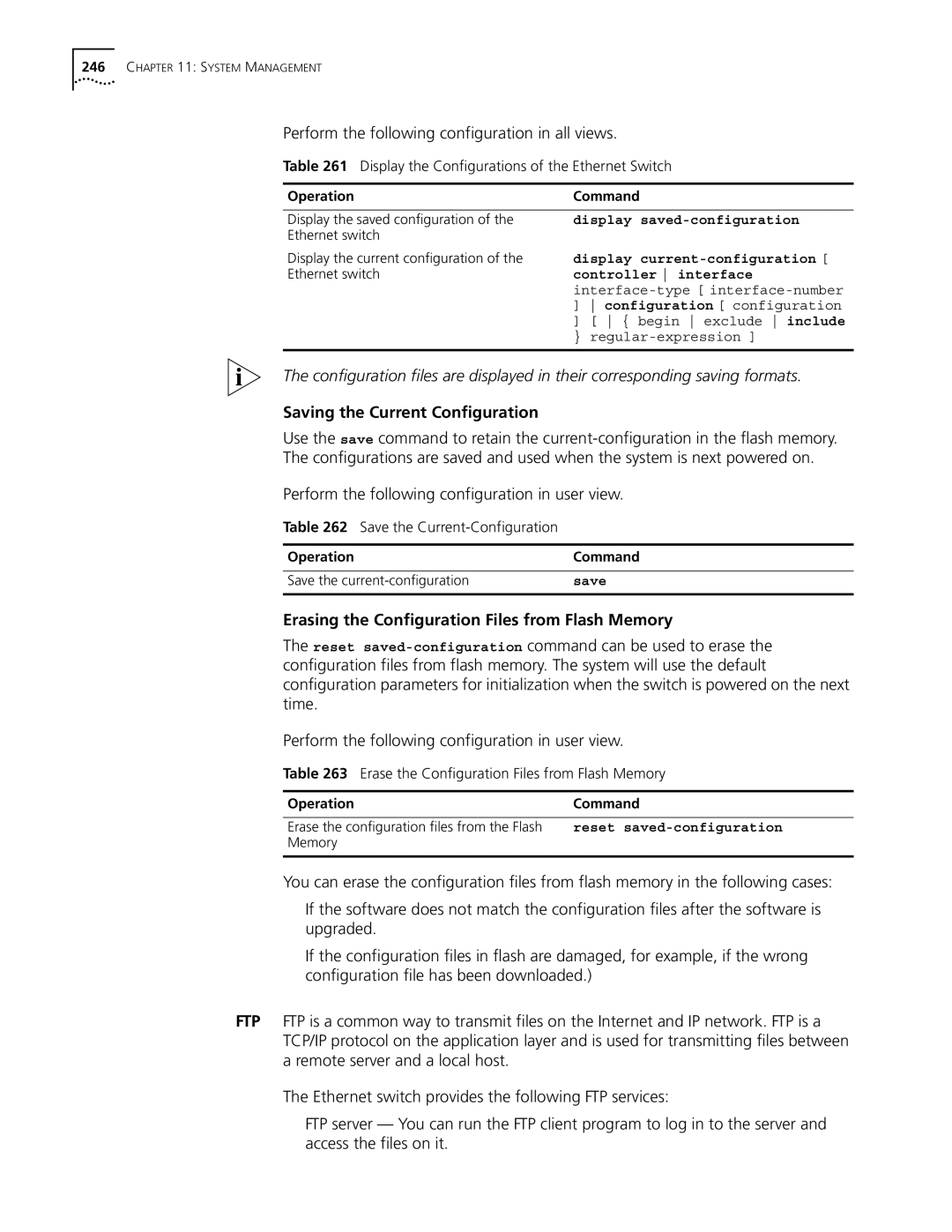 3Com 10014298 manual Perform the following configuration in all views, Saving the Current Configuration 