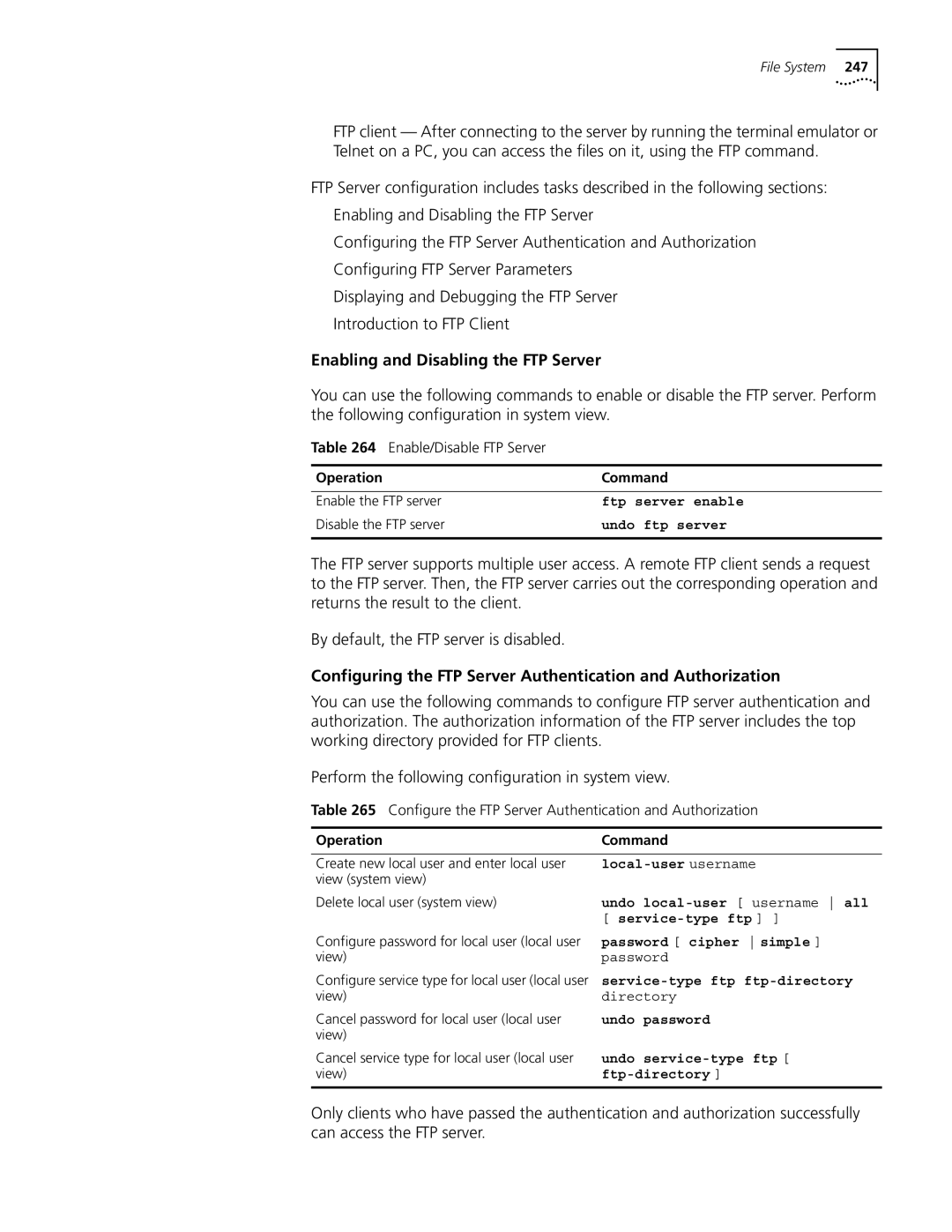 3Com 10014298 manual Enabling and Disabling the FTP Server, Configuring the FTP Server Authentication and Authorization 