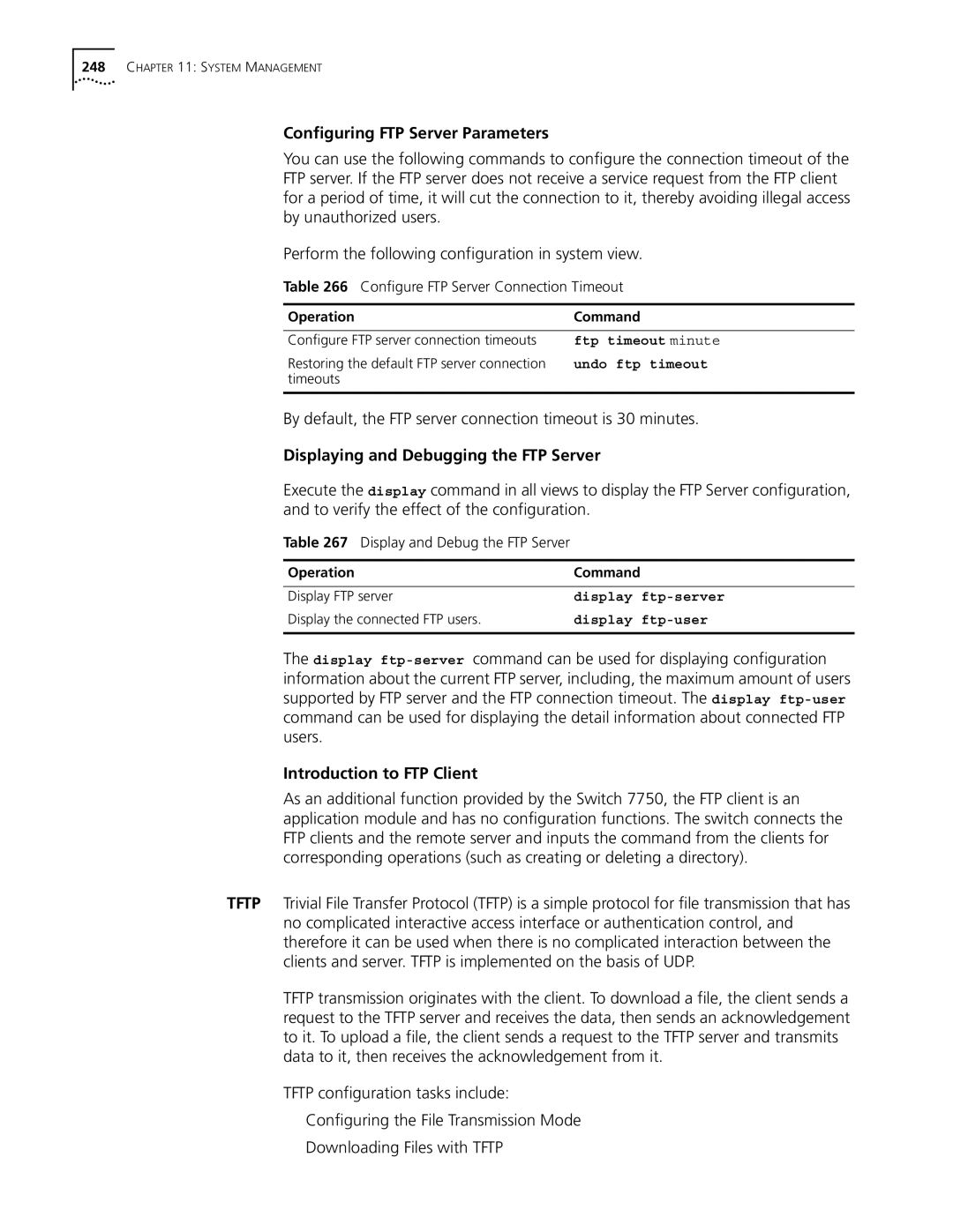 3Com 10014298 manual Configuring FTP Server Parameters, By default, the FTP server connection timeout is 30 minutes 