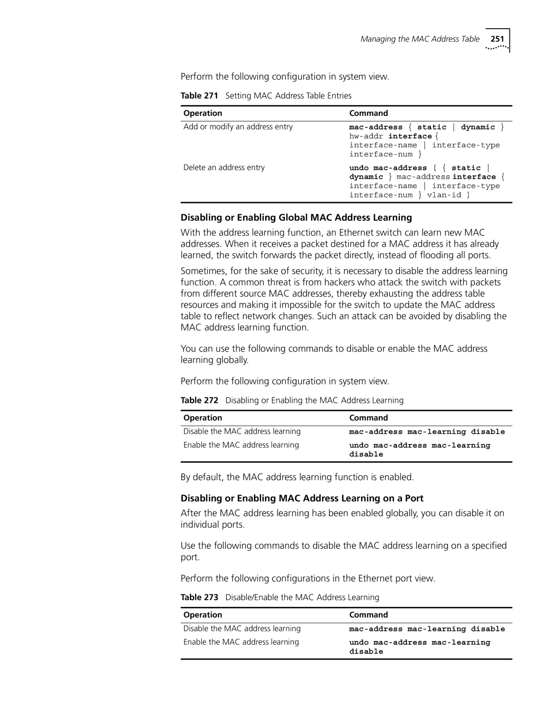 3Com 10014298 Disabling or Enabling Global MAC Address Learning, By default, the MAC address learning function is enabled 