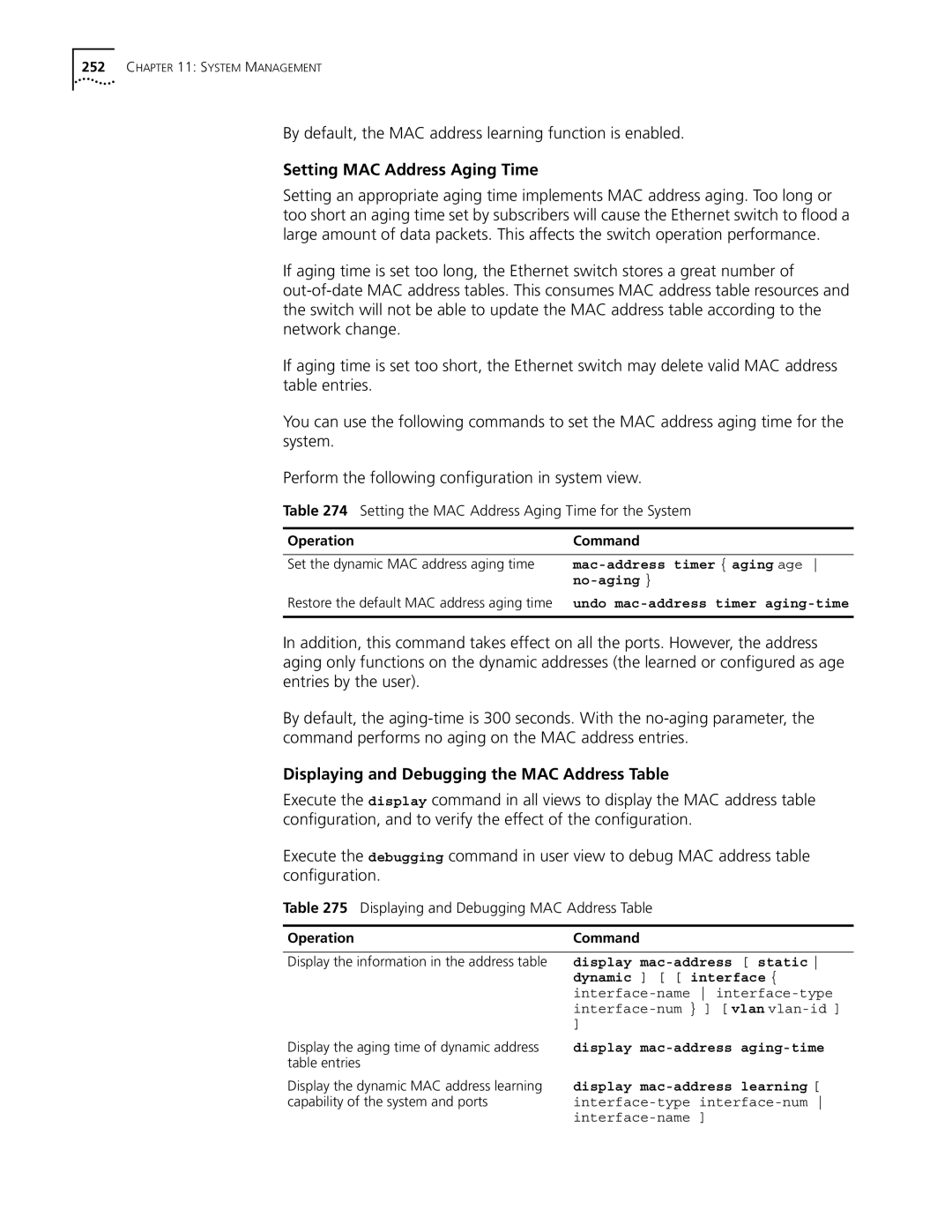 3Com 10014298 manual Setting MAC Address Aging Time, Displaying and Debugging the MAC Address Table 