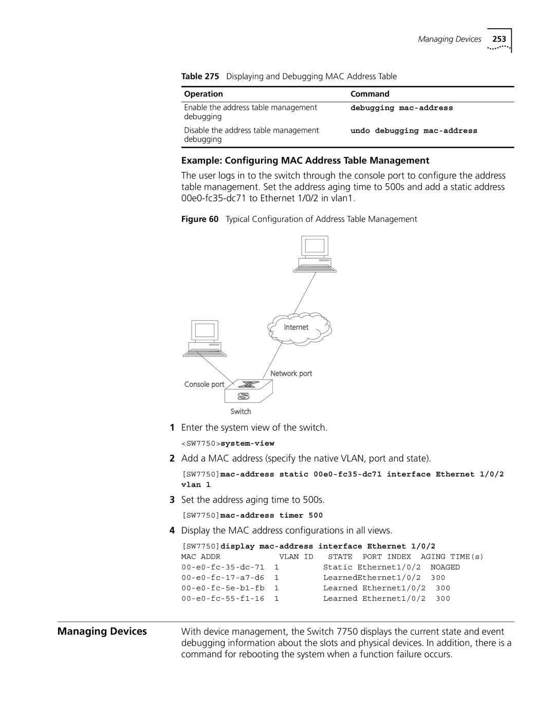 3Com 10014298 manual Example Configuring MAC Address Table Management, Enter the system view of the switch 