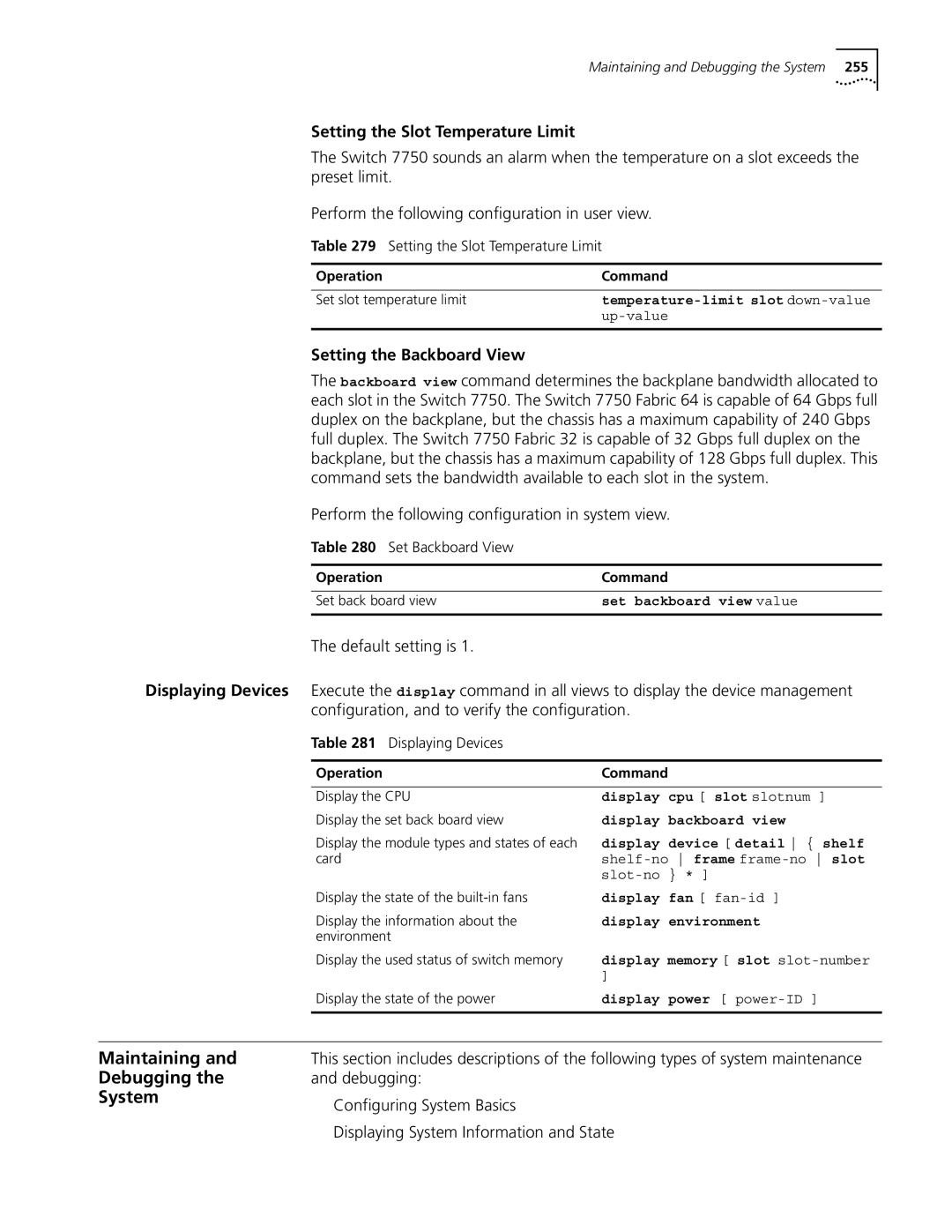 3Com 10014298 manual Maintaining Debugging System, Setting the Slot Temperature Limit, Setting the Backboard View 