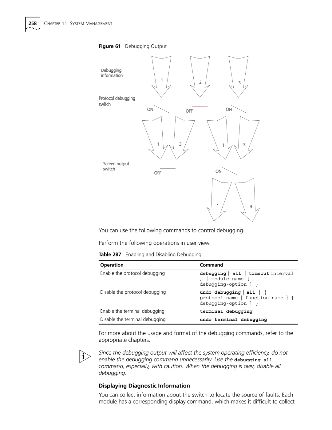 3Com 10014298 manual Displaying Diagnostic Information, Enabling and Disabling Debugging 