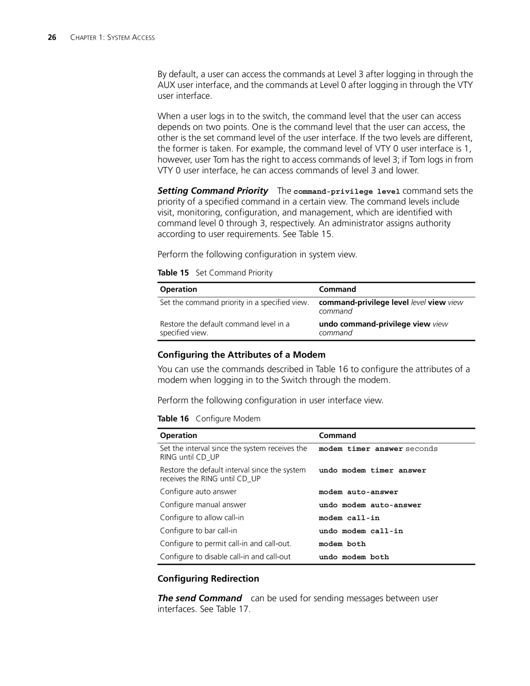 3Com 10014298 manual Configuring the Attributes of a Modem, Configuring Redirection, Set Command Priority, Configure Modem 