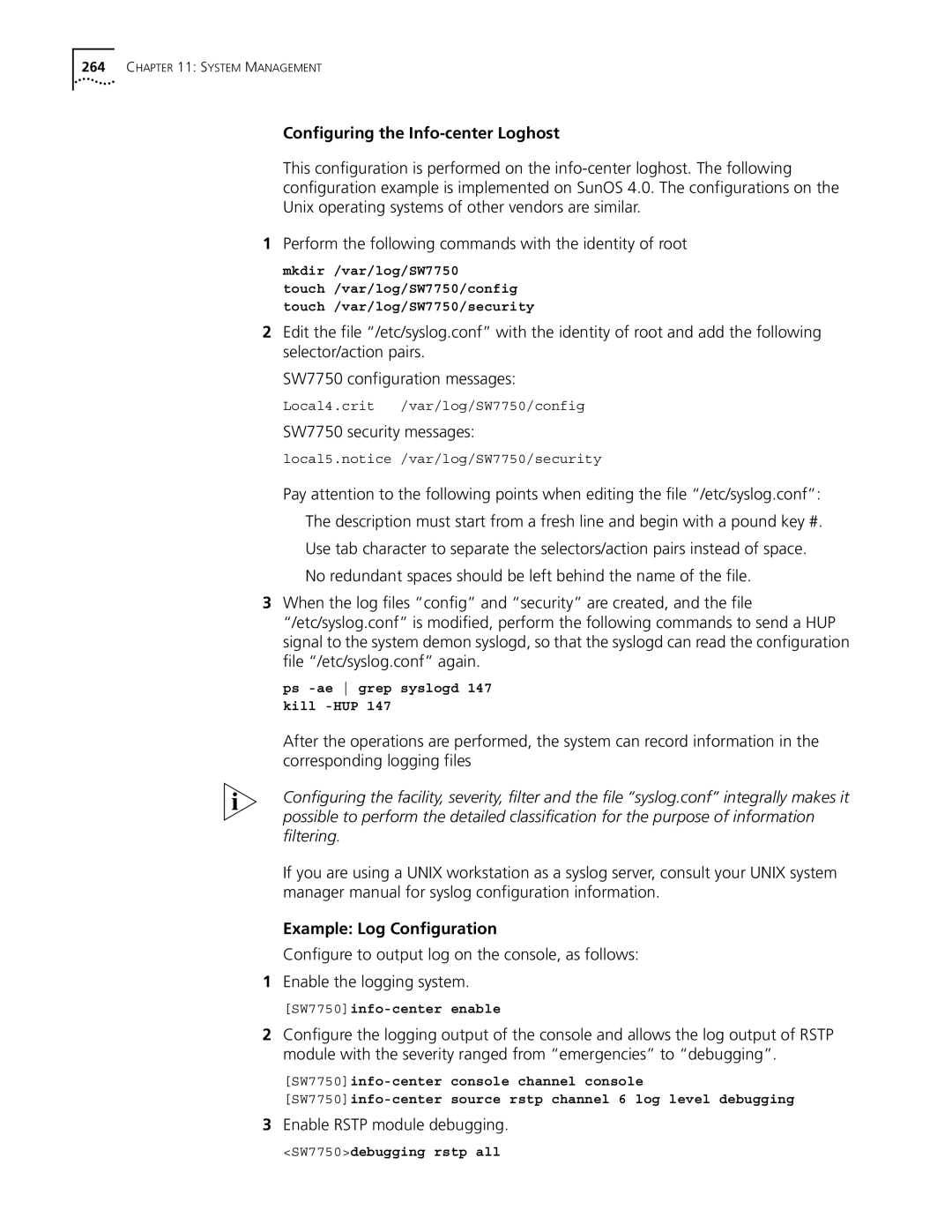 3Com 10014298 manual Configuring the Info-center Loghost, SW7750 security messages, Example Log Configuration 