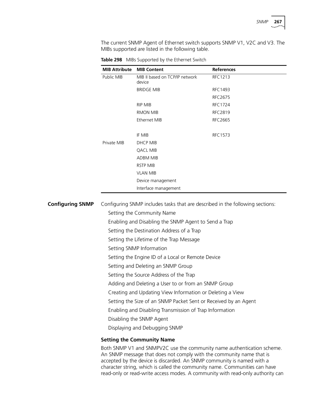 3Com 10014298 Setting the Community Name, MIBs Supported by the Ethernet Switch, MIB Attribute MIB Content References 