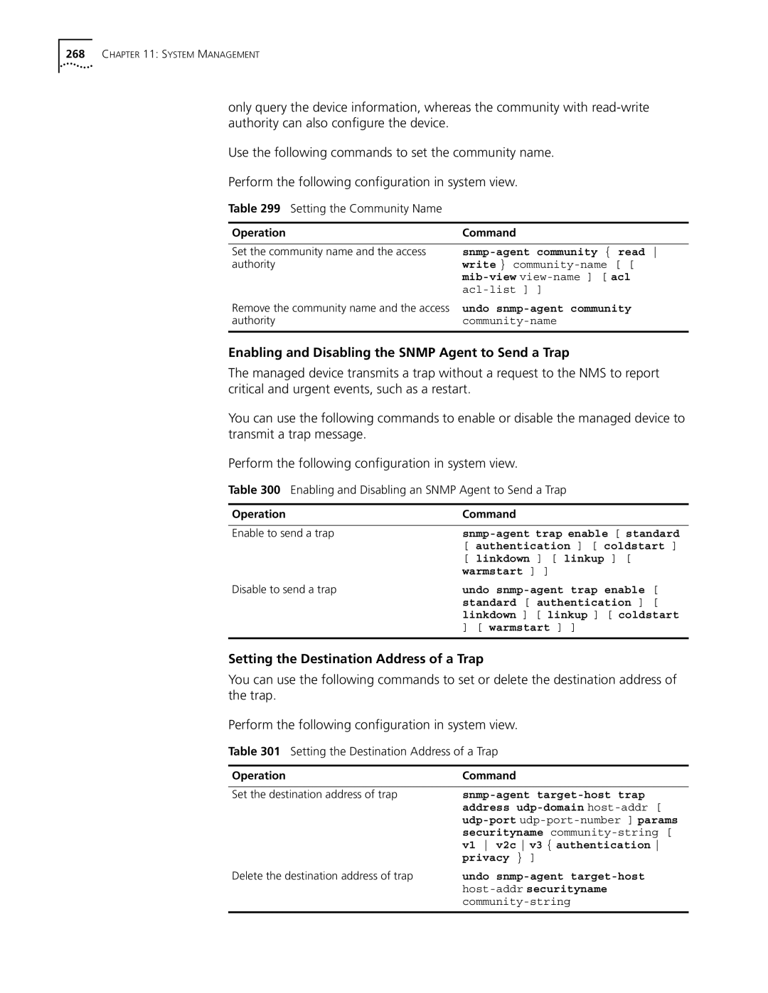 3Com 10014298 manual Enabling and Disabling the Snmp Agent to Send a Trap, Setting the Destination Address of a Trap 