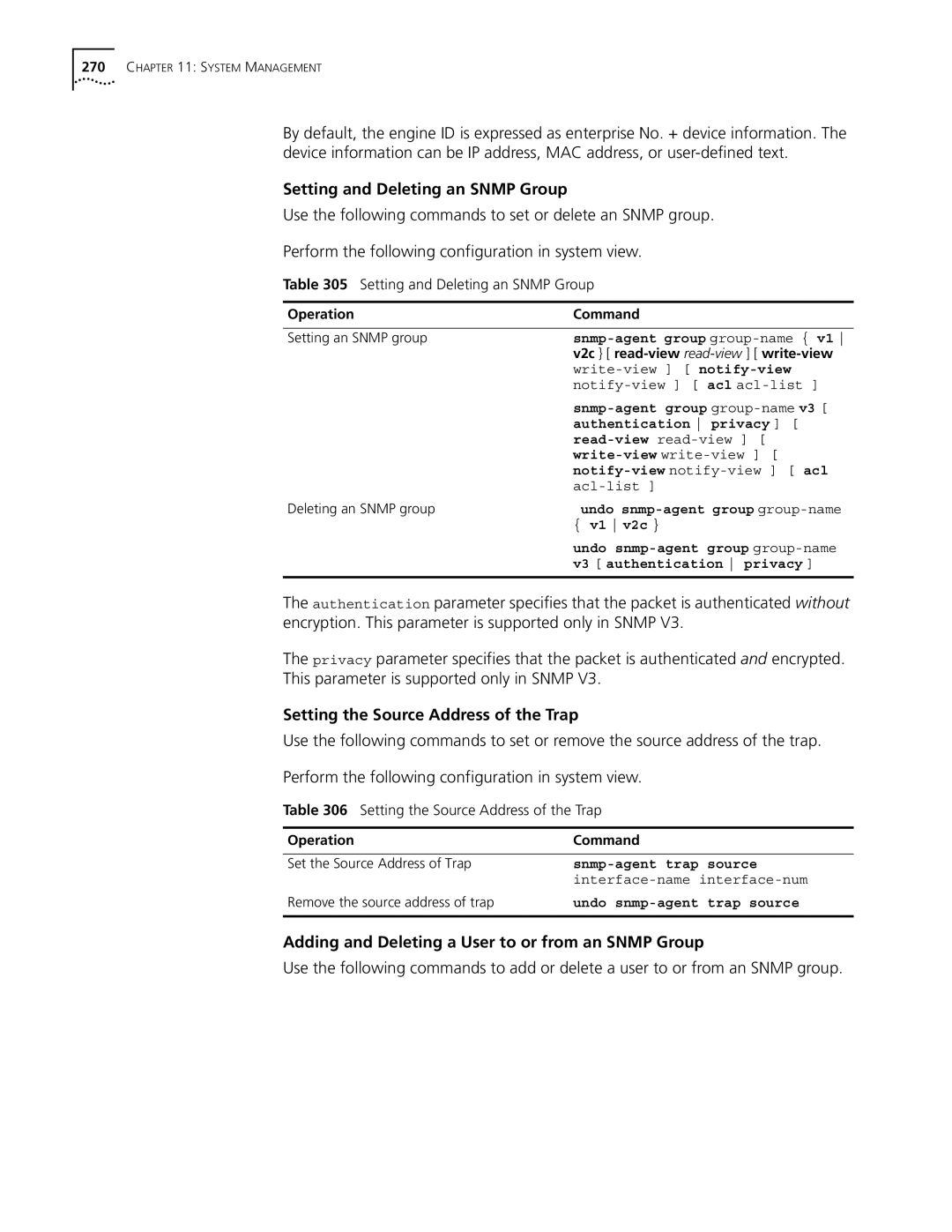 3Com 10014298 manual Setting and Deleting an Snmp Group, Setting the Source Address of the Trap 