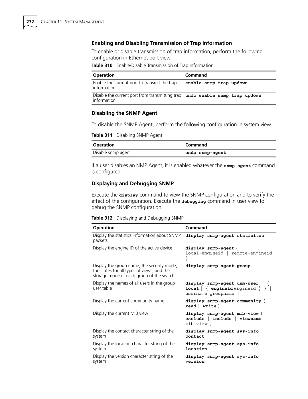 3Com 10014298 manual Enabling and Disabling Transmission of Trap Information, Disabling the Snmp Agent 