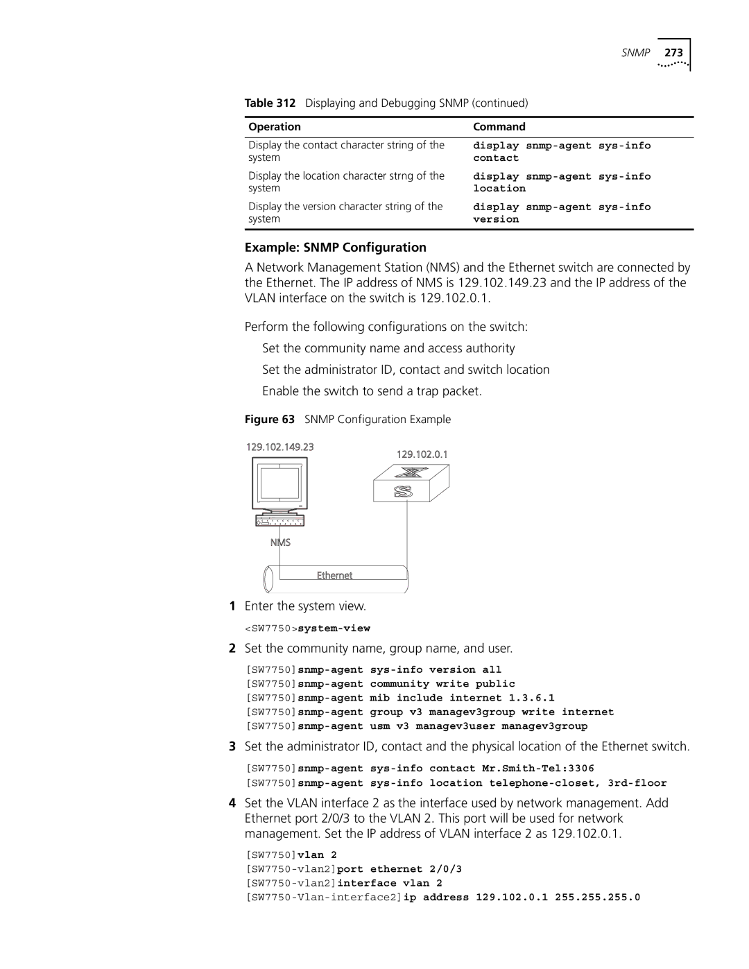 3Com 10014298 manual Example Snmp Configuration, Enter the system view, Set the community name, group name, and user 