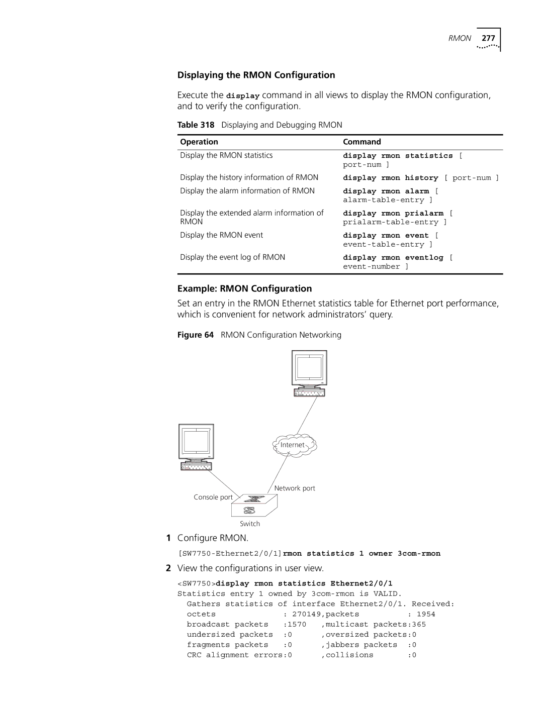 3Com 10014298 Displaying the Rmon Configuration, Example Rmon Configuration, Configure Rmon, Displaying and Debugging Rmon 