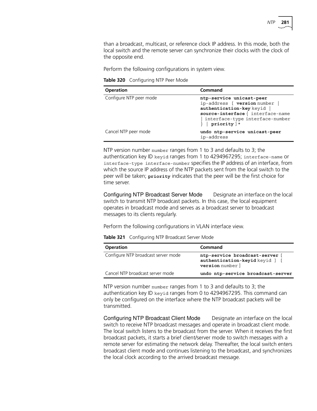 3Com 10014298 manual Perform the following configurations in Vlan interface view, Configuring NTP Peer Mode 