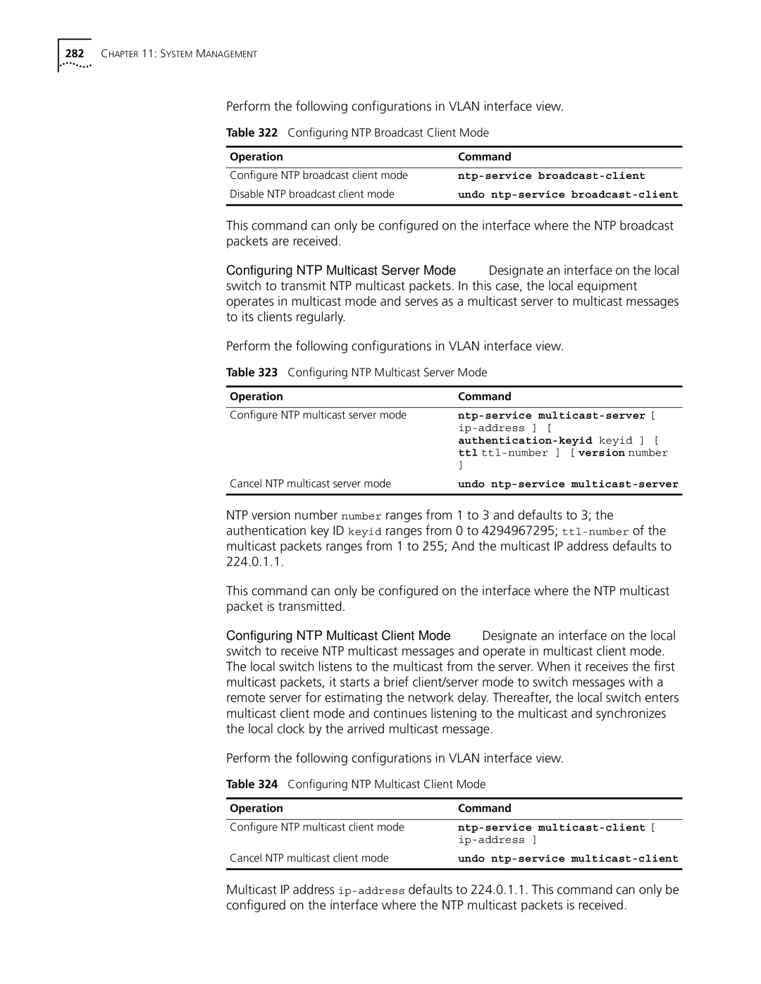 3Com 10014298 manual Configuring NTP Broadcast Client Mode, Configuring NTP Multicast Server Mode 