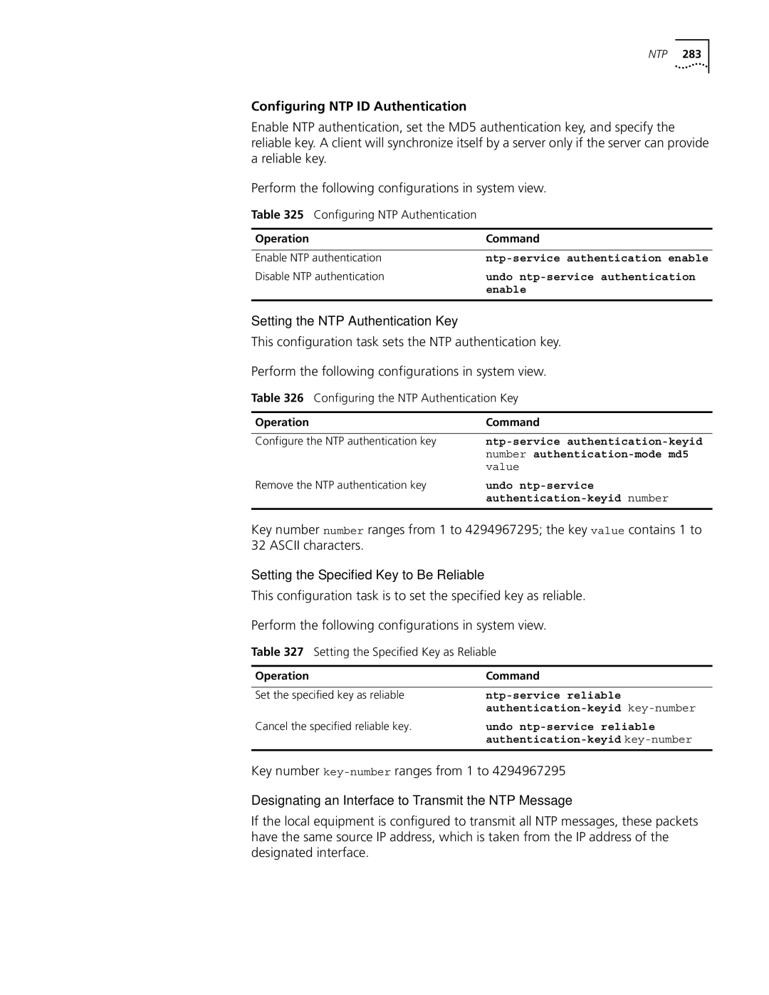 3Com 10014298 Configuring NTP ID Authentication, Setting the NTP Authentication Key, Key number key-numberranges from 1 to 