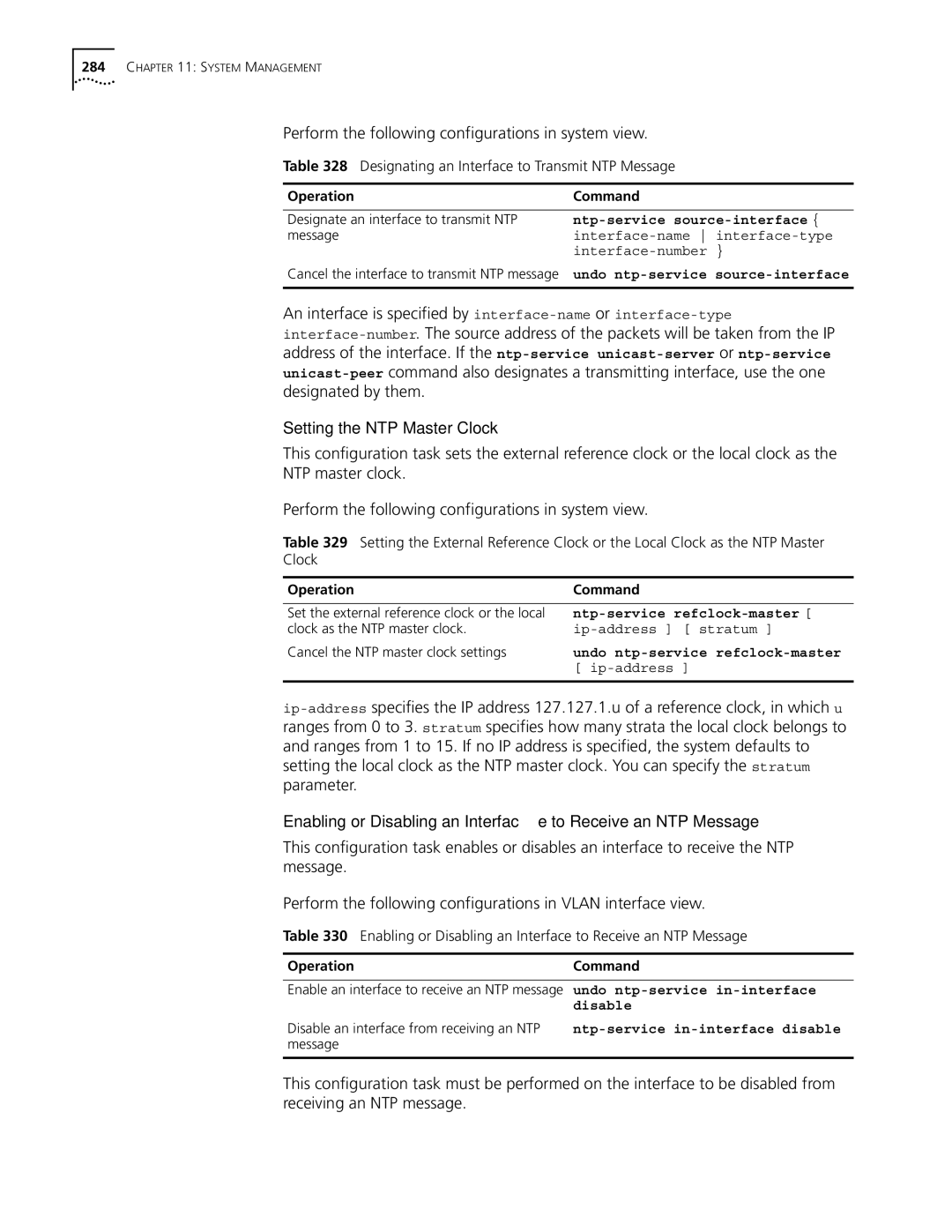 3Com 10014298 manual Setting the NTP Master Clock, Designating an Interface to Transmit NTP Message 