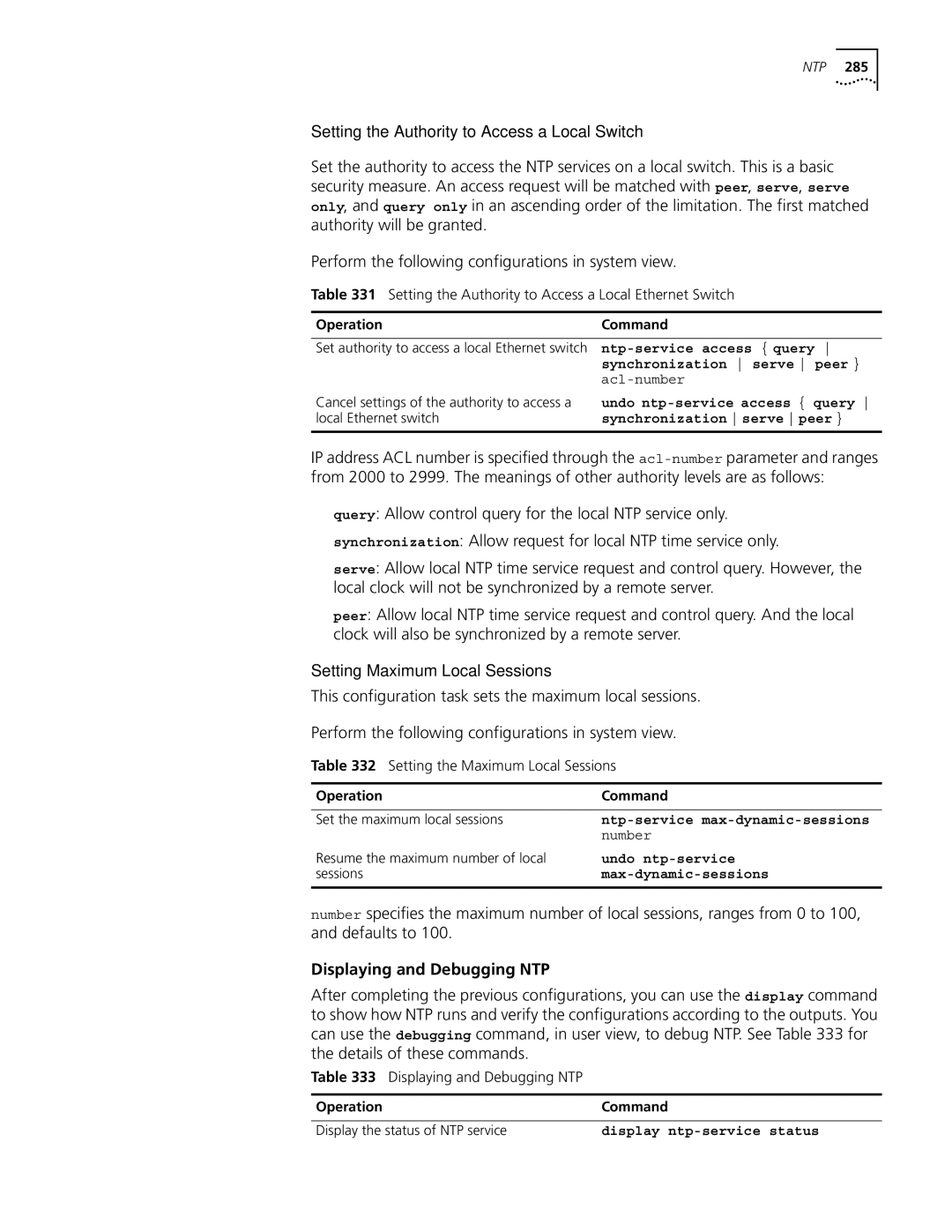 3Com 10014298 Setting the Authority to Access a Local Switch, Setting Maximum Local Sessions, Displaying and Debugging NTP 