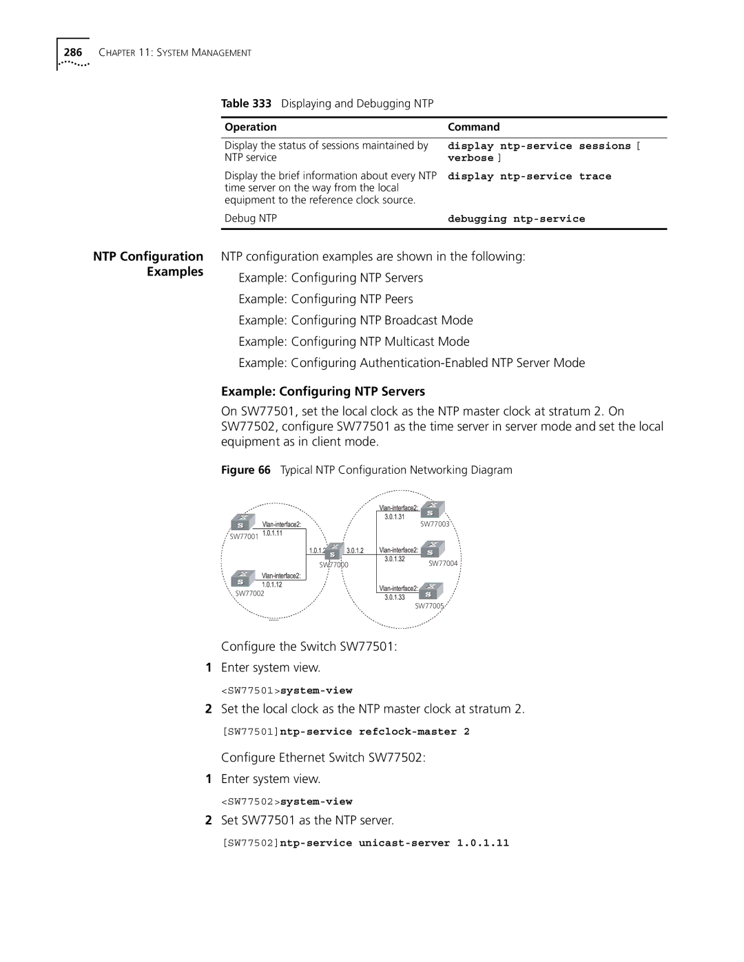 3Com 10014298 manual Example Configuring NTP Servers, Configure the Switch SW77501 Enter system view 