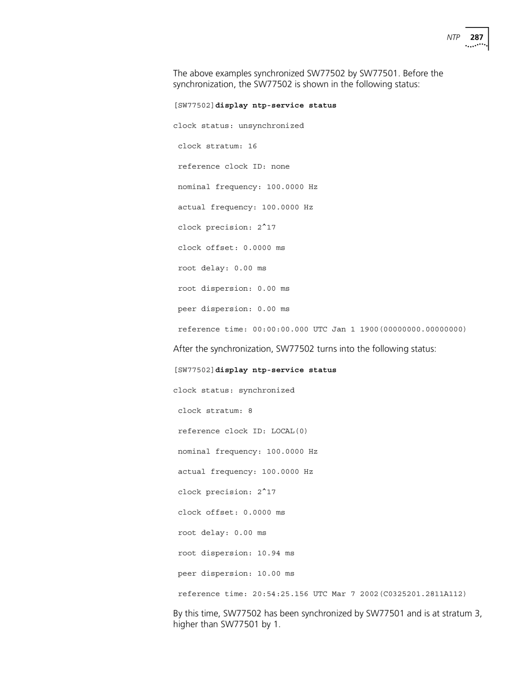 3Com 10014298 manual SW77502display ntp-service status 