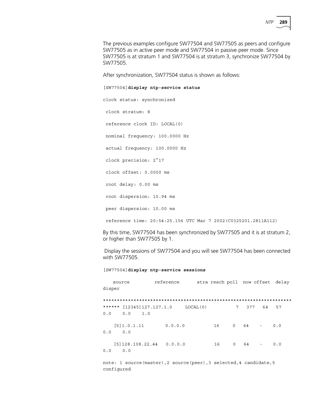 3Com 10014298 manual SW77504display ntp-service status, SW77504display ntp-service sessions 