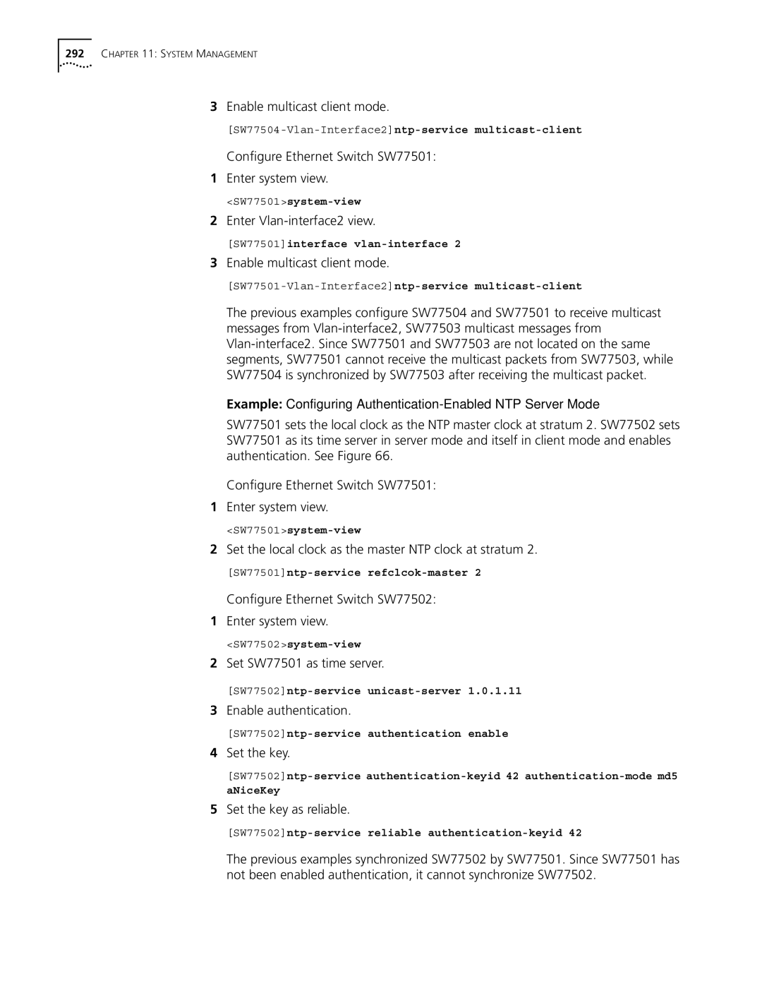 3Com 10014298 manual Example Configuring Authentication-Enabled NTP Server Mode 