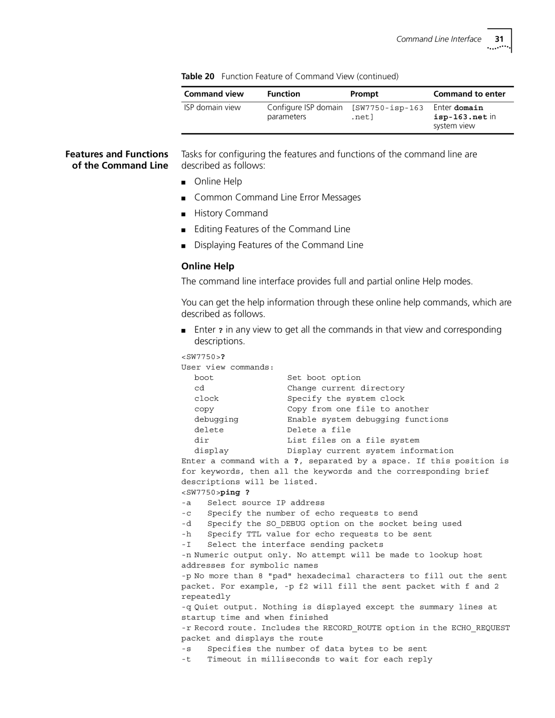 3Com 10014298 manual Displaying Features of the Command Line, Online Help, Described as follows 