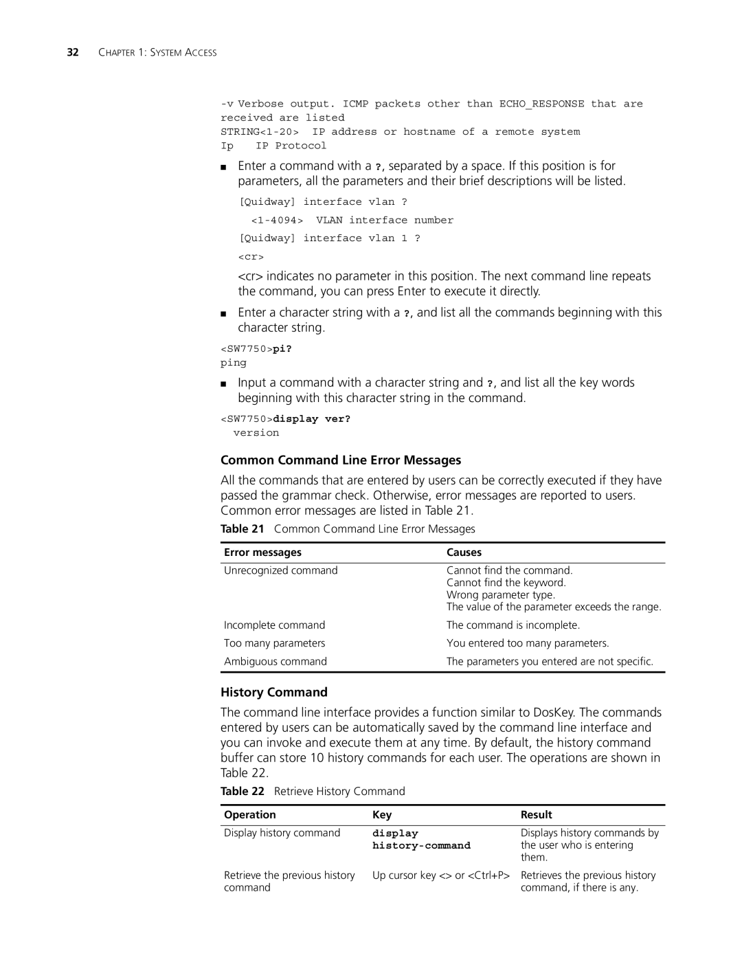 3Com 10014298 manual Common Command Line Error Messages, Retrieve History Command 