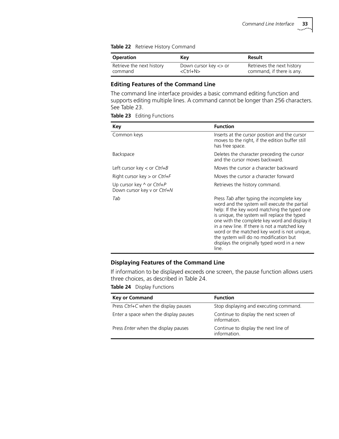 3Com 10014298 manual Editing Features of the Command Line, Displaying Features of the Command Line, Editing Functions 