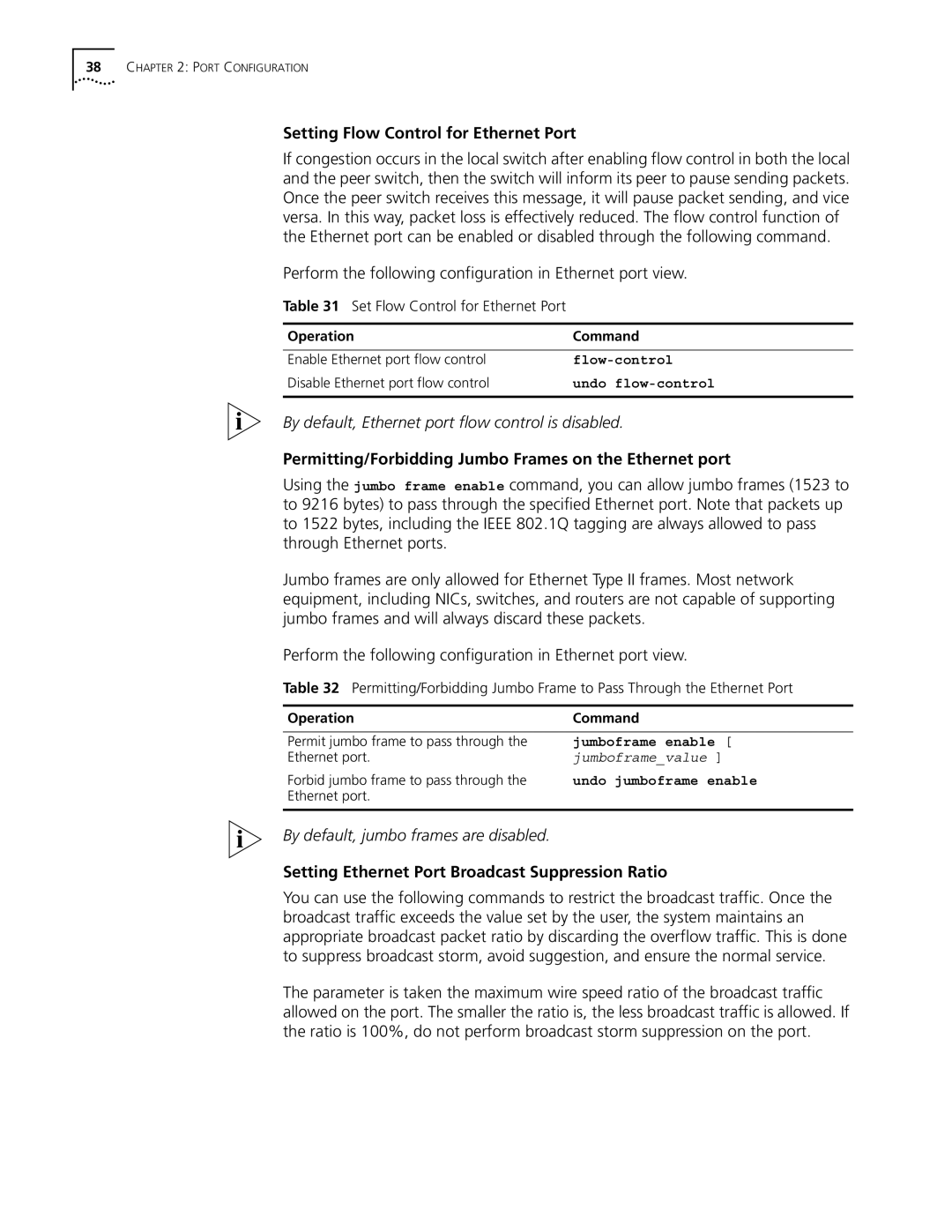 3Com 10014298 manual Setting Flow Control for Ethernet Port, Permitting/Forbidding Jumbo Frames on the Ethernet port 