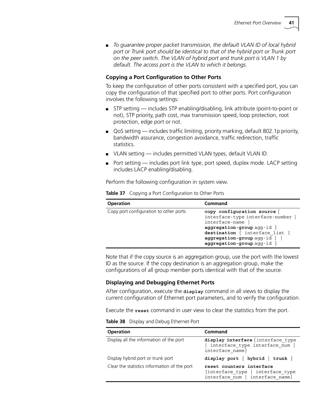 3Com 10014298 manual Copying a Port Configuration to Other Ports, Displaying and Debugging Ethernet Ports 